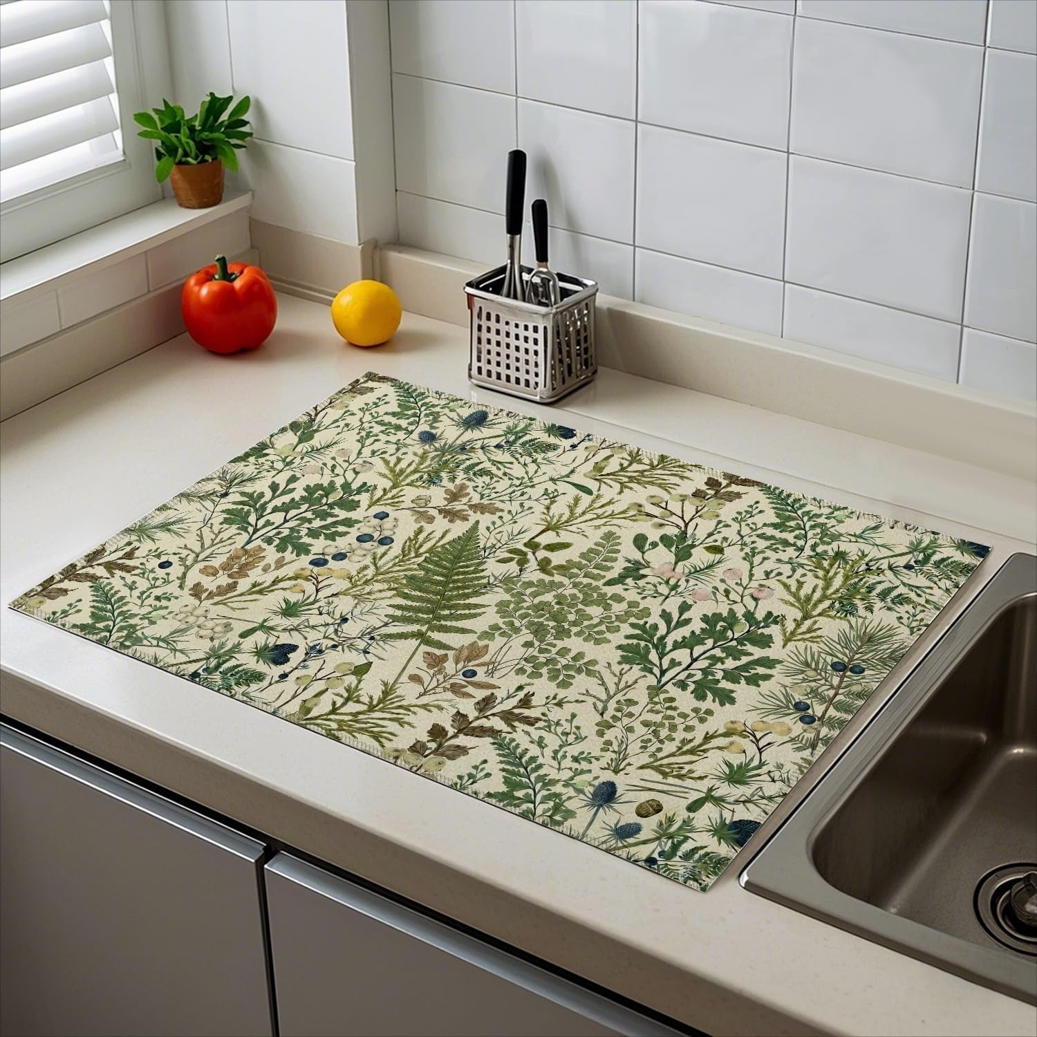 Absorbent Kitchen Dish Drying Mat Quick Dry Heat Resistant Hide Stain for Glasses Coffee Espresso Machines Pots Pans and Dish Racks,18" x 24" Sage Green Vintage Botanical Pattern