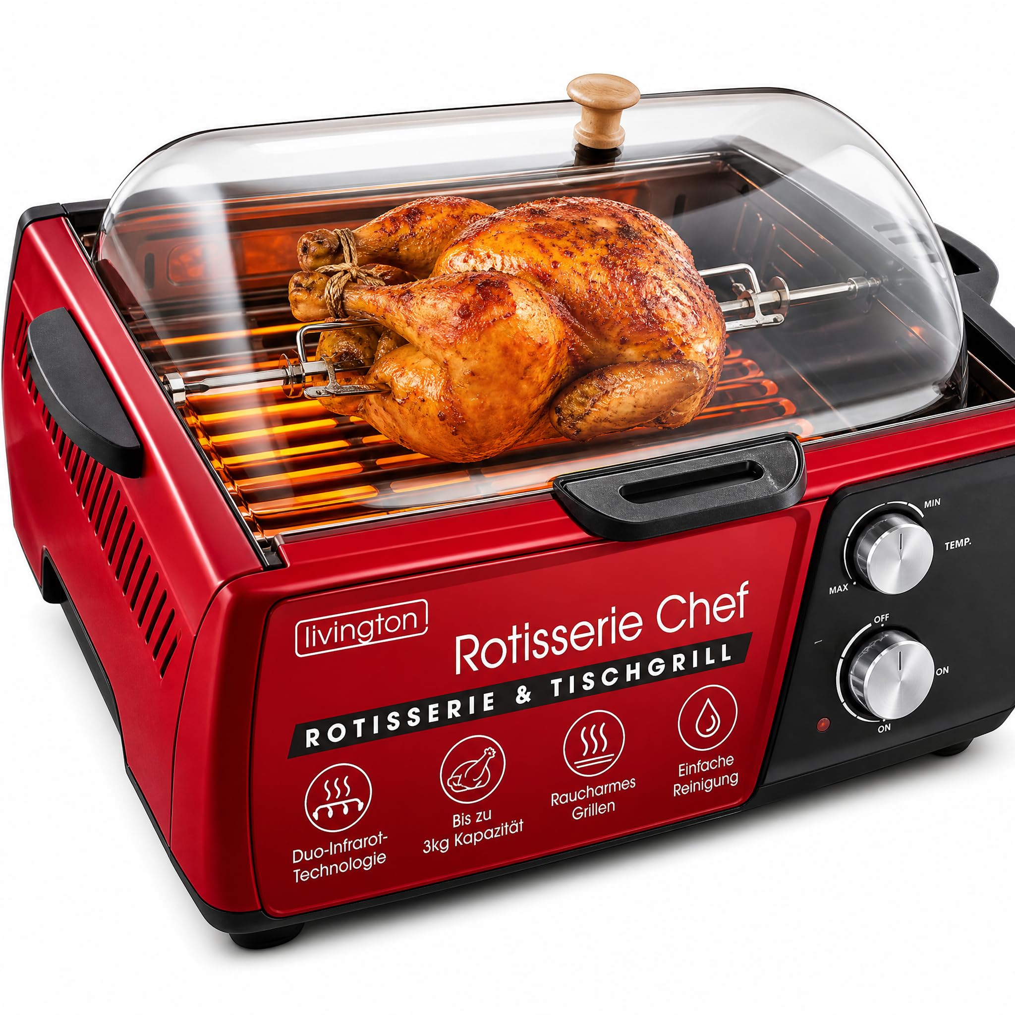 Livington Rotisserie Chef - Rot - Indoorgrill, Drehgrill & Tischgrill - Drehspieß für Hähnchen - Elektrogrill - Automatische Abschaltfunktion - Duo-Infrarot Heizelemente