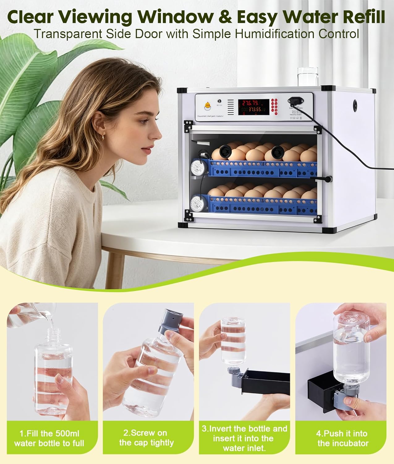 Automatic Egg Incubator for 136 Eggs - Digital Temp & Humidity Control, Auto Turner, Dual Power AC/DC, LED Flashlight, View Window - Commercial Use for Chicken Duck Quail