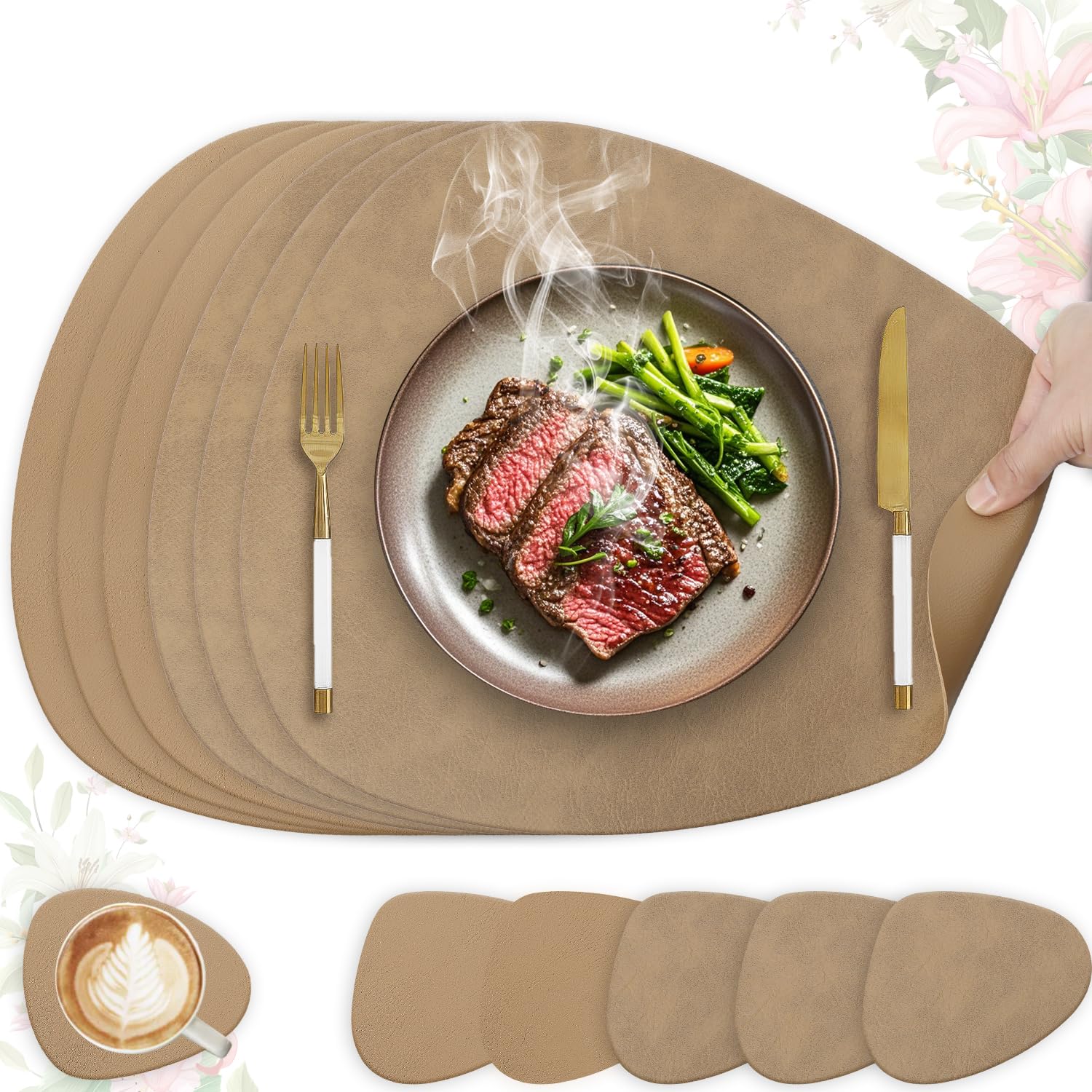 HELI MIAO 6er Set Tischset aus Leder-Imitat，Platzsets abwaschbar und wasserdicht，Platzdeckchen Lederoptik mit Untersetzer,Tischuntersetzer Doppelseitigen rutschfest(Rund,Khaki)