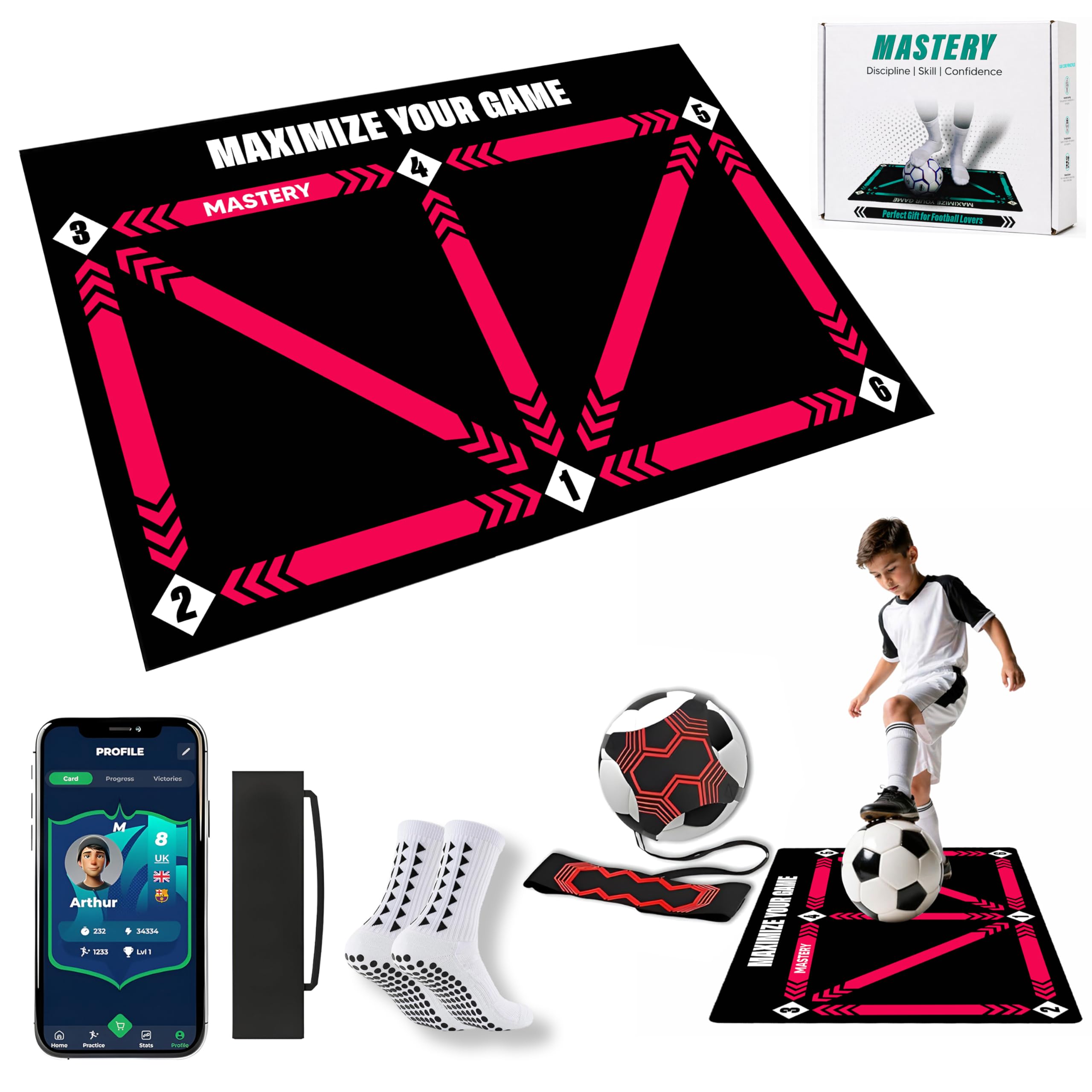 Football Mastery App with Training Mat 90x60cm - Soccer Mastery Skills Footwork Mat Football Gifts for Boys | Pro Dribble Ball Control & Stress Relief Games for Kids Girls & Teenage Gifts