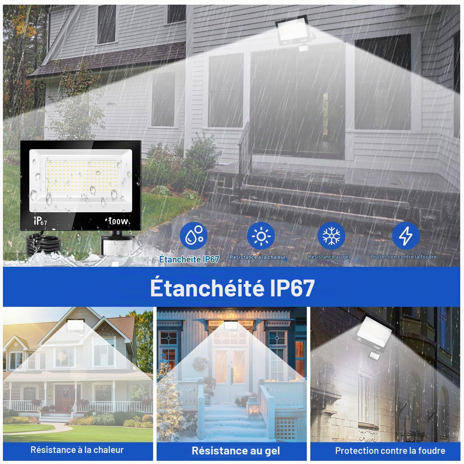 100W Projecteur Led Exterieur Detecteur de Mouvement et Télécommande,Réglables 10 luminosité Spot LED Extérieur,10000LM,7000K Blanc Froid IP67 Etanche Eclairage Exterieur pour Jardin,Garage
