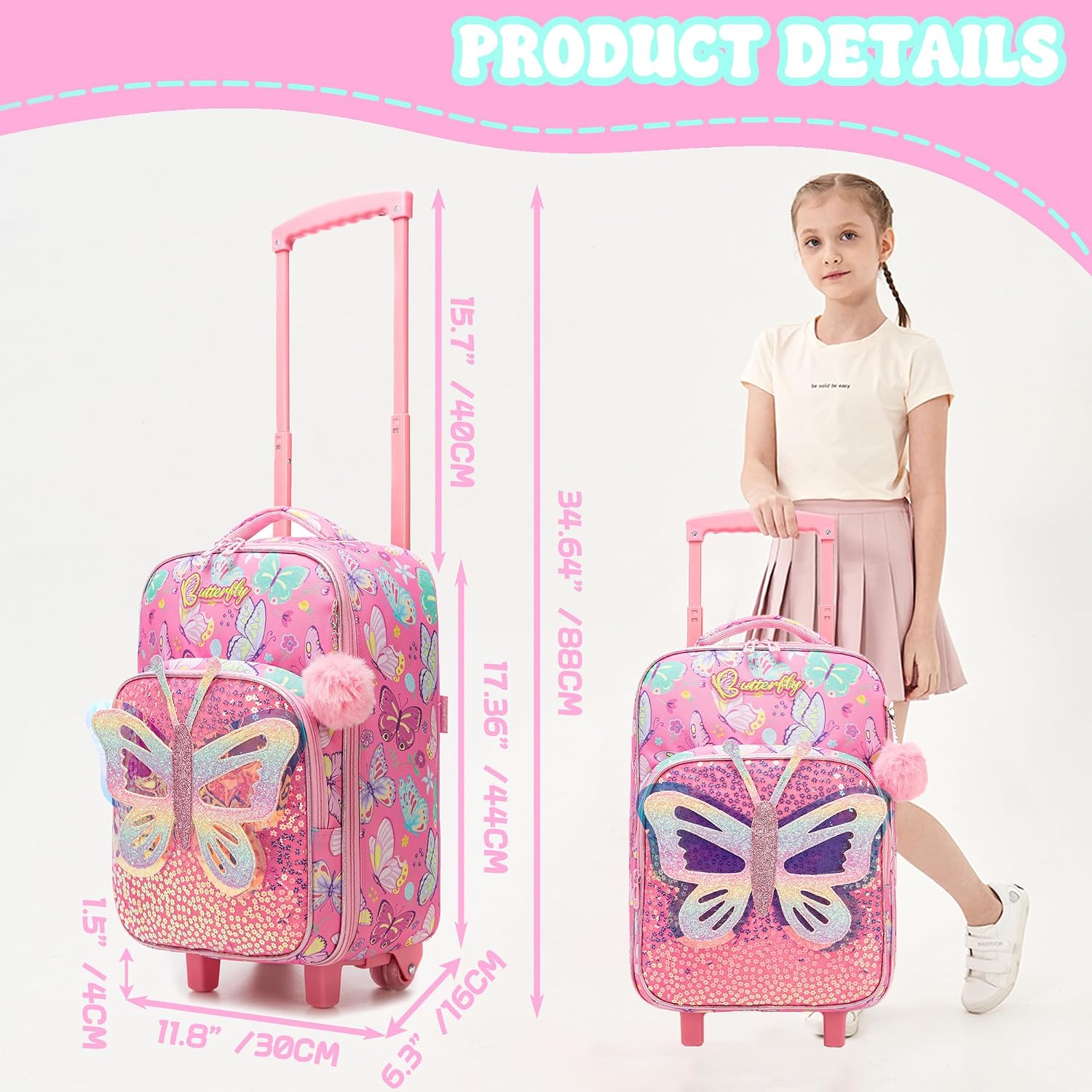 Kids Luggage with Wheels Softside 16" Kids Suitcase for Girls Luggage for Kid Airline Approved & Multi-function Carry Bag 3pcs Set