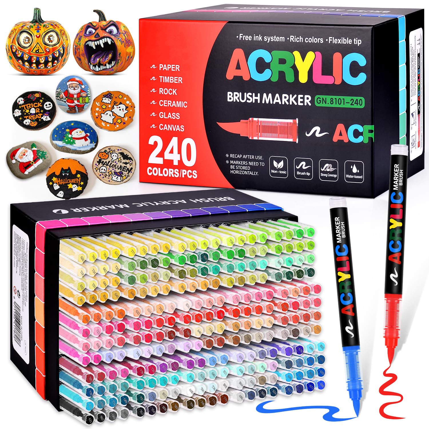 Acrylic Paint Markers Brush Tip 240 Colors, Automatic Ink Control, No-Bleed | Water-Based Acrylic Markers, High Opacity Paint Pens, DIY Art &amp; Crafts - Wood, Metal, Fabric, Rock, Glass, School Classroom