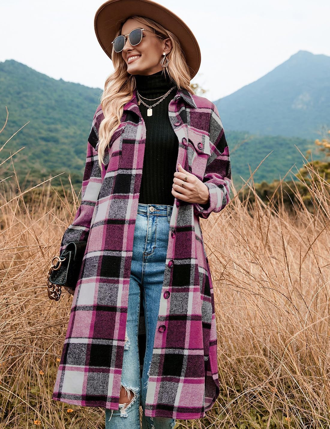 Peaceglad Women's Lounge Lapel Button Up Long Sleeve Plaid Long Shirt Jacket Shacket - Image 4