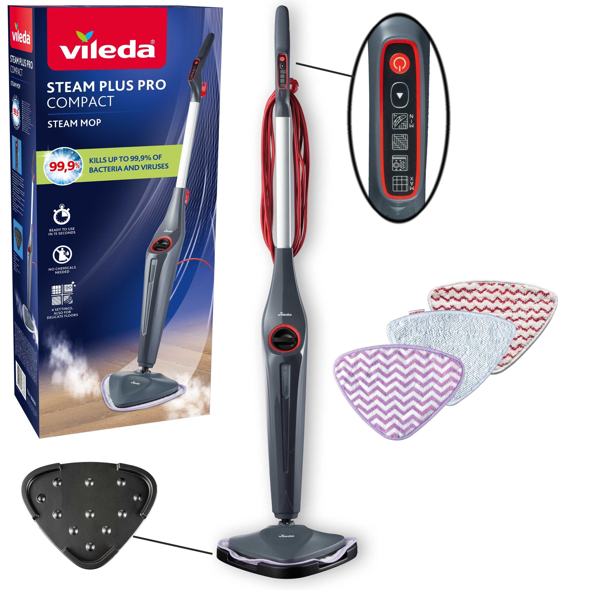 Vileda Steam Plus Pro Nettoyeur vapeur, tue jusqu’à 99% des bactéries et des virus, parfait pour les sols délicats, avec 4 réglages de la vapeur, plateau de rangement inclus
