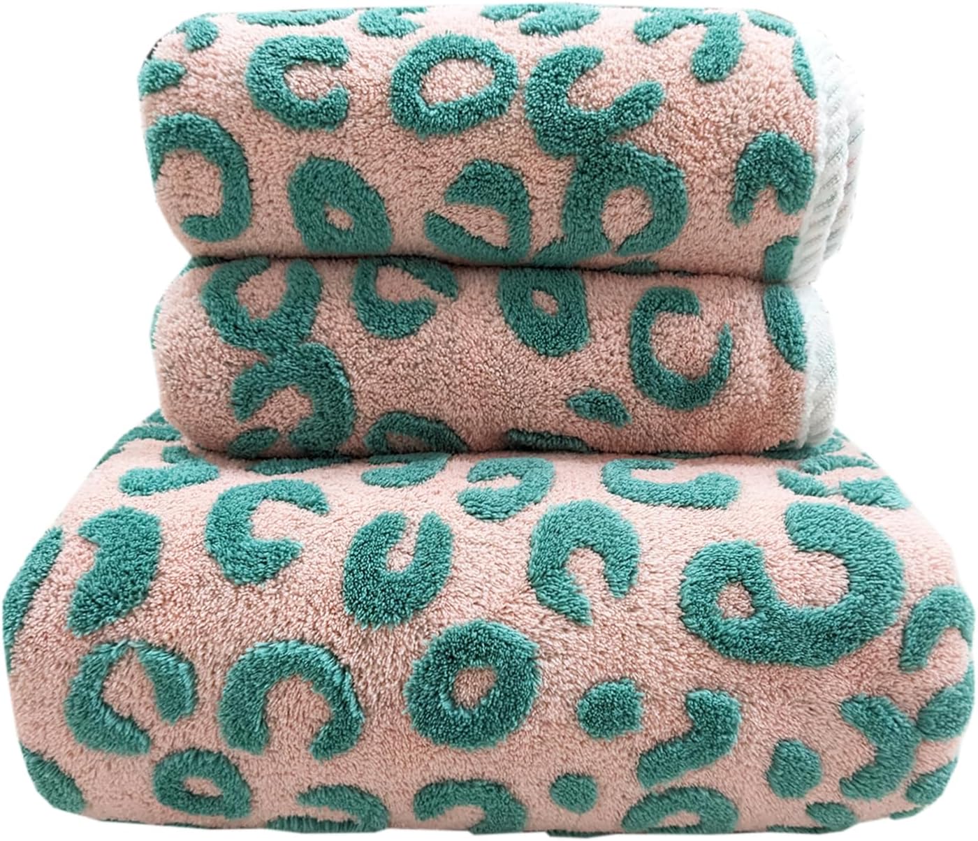 USTIDE 3 Pieces Green Leopard Print Bathtowel Sets Absorbent Soft Towels for Bathroom Gym Bath Sheets (1 Bath Towel, 2Hand Towels)