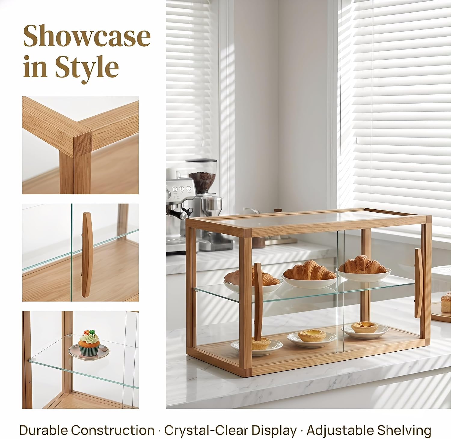 Wood Bakery Display Case with Glass Doors - Ideal Countertop Cabinet for Pastries, Cookies, Desserts, Cupcakes & Bakery Organization A Single Layer