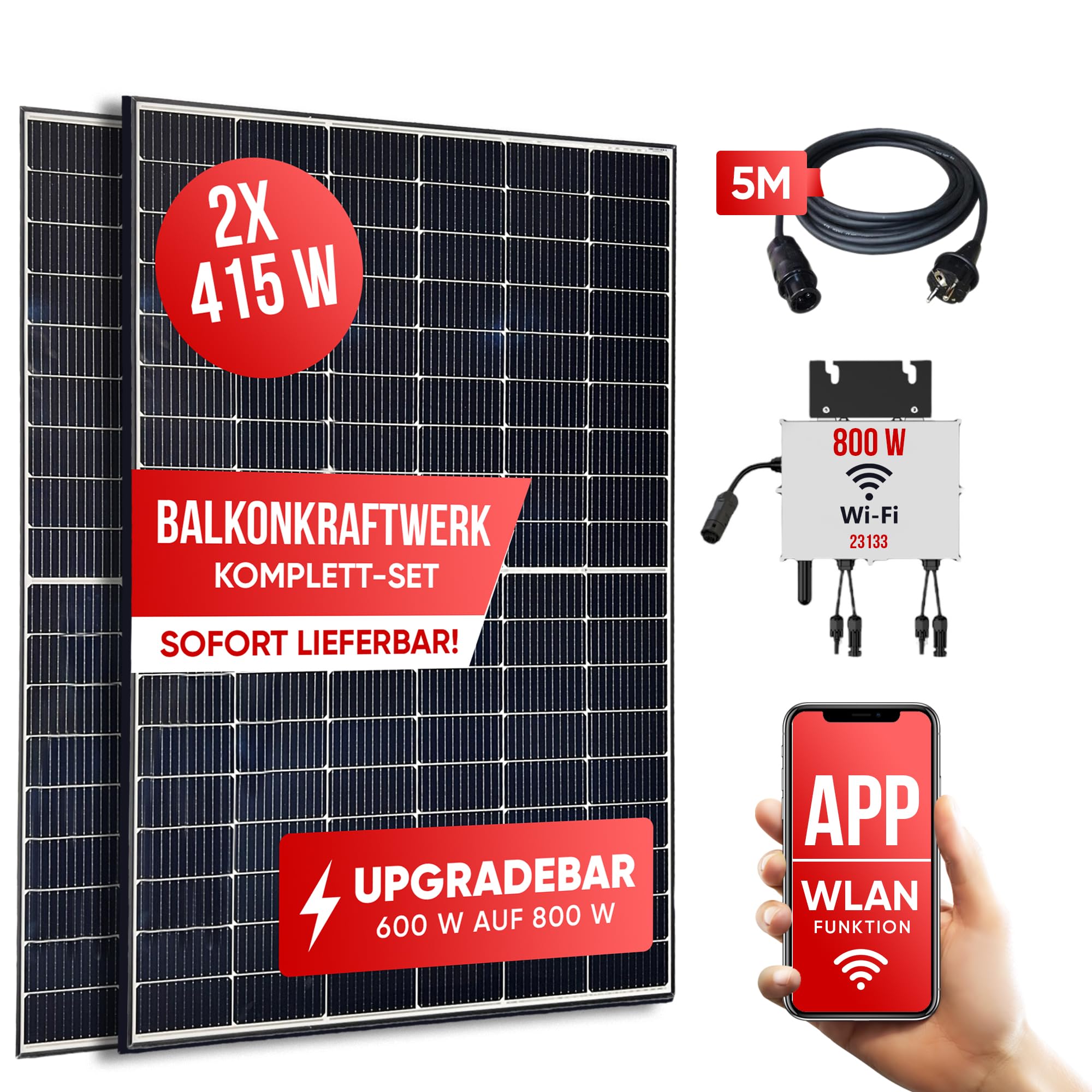Jet-Line | Balkonsolaranlage | 830W Module | 800W/600W Wechselrichter drosselbar per App | Balkonkraftwerk komplett Steckdose | Komplettset | Photovoltaikanlagen |