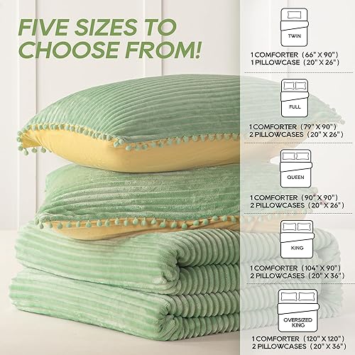 Miniatura 5 de Juego de edredón bohemio de gran tamaño Cal King, 3 piezas con flecos de bola verde, juego de edredón reversible de terciopelo a rayas verde pálido,