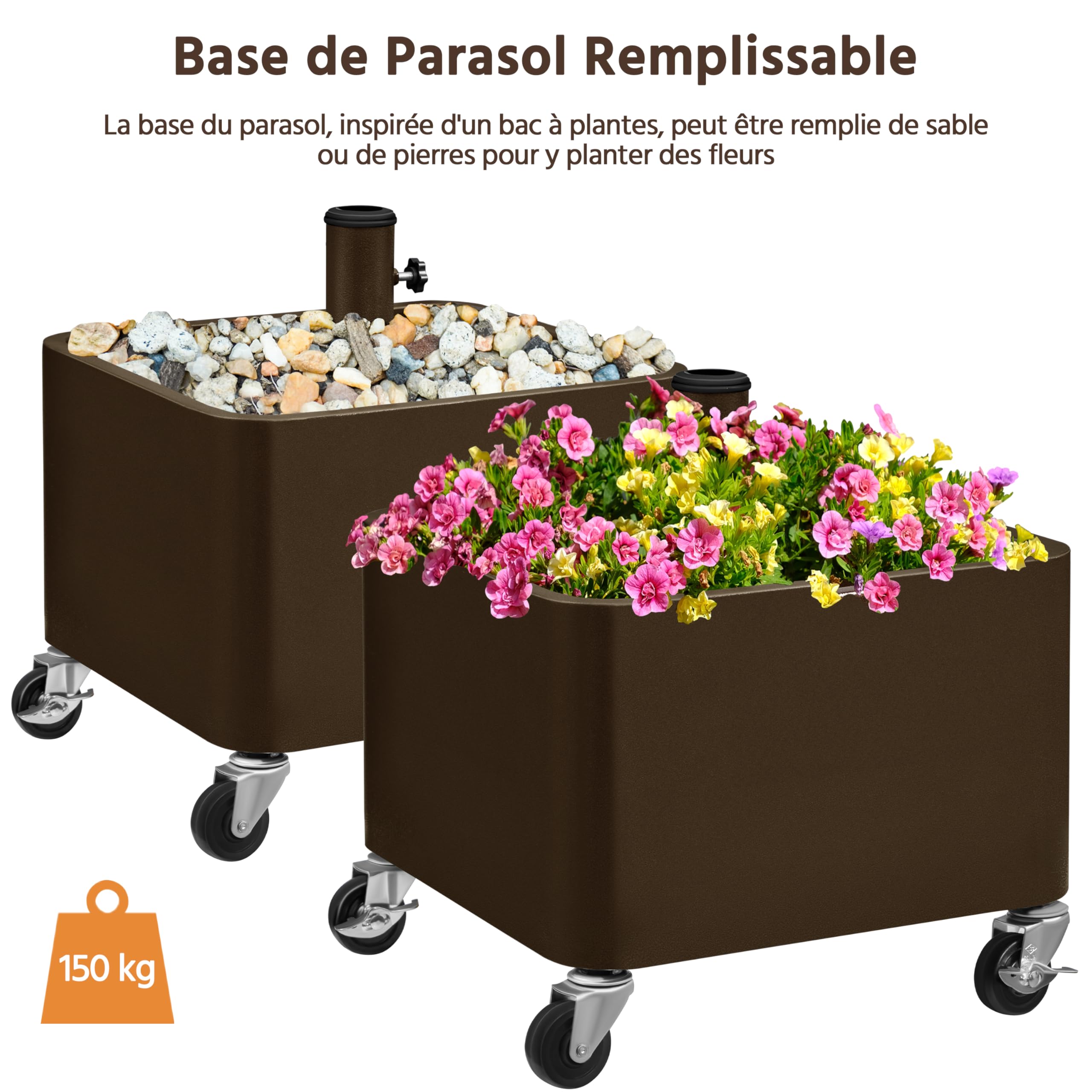 Yaheetech Pied de Parasol Carré avec Pot de Fleur 2 en 1, Charge Max. 150 kg, Support Parasol Base de Parasol avec roulettes, Trous de Drainage, Remplissage Sable/Pierres 45,5 x 45,5 x 48 cm