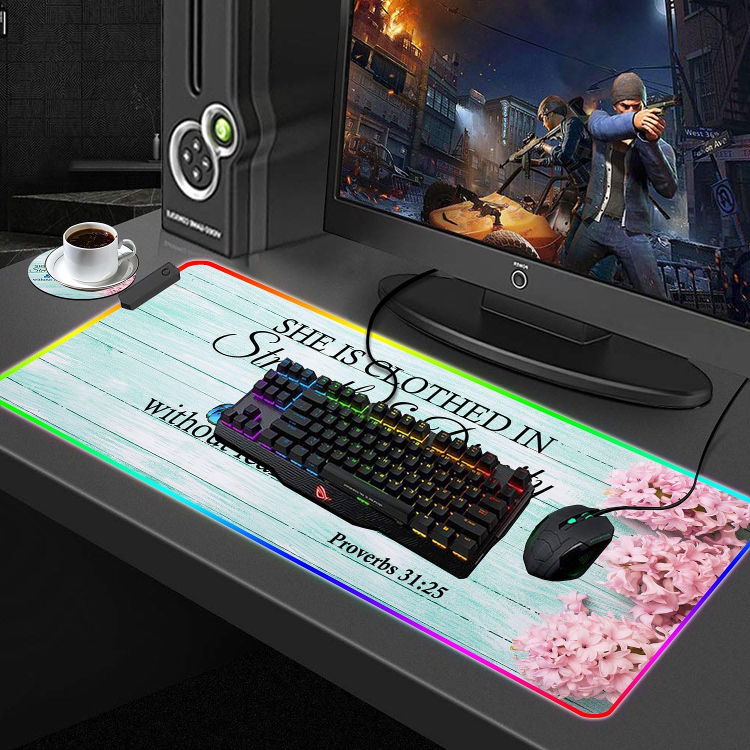 Customized RGB Gaming Mouse Pad and Coffee Coaster,Large Glowing Led Anti-Slip Rubber Base Computer Keyboard Desk Mouse Mat 31.4x11.8 Inch,Pink Hyacinth Bible Verse Proverbs 31-25