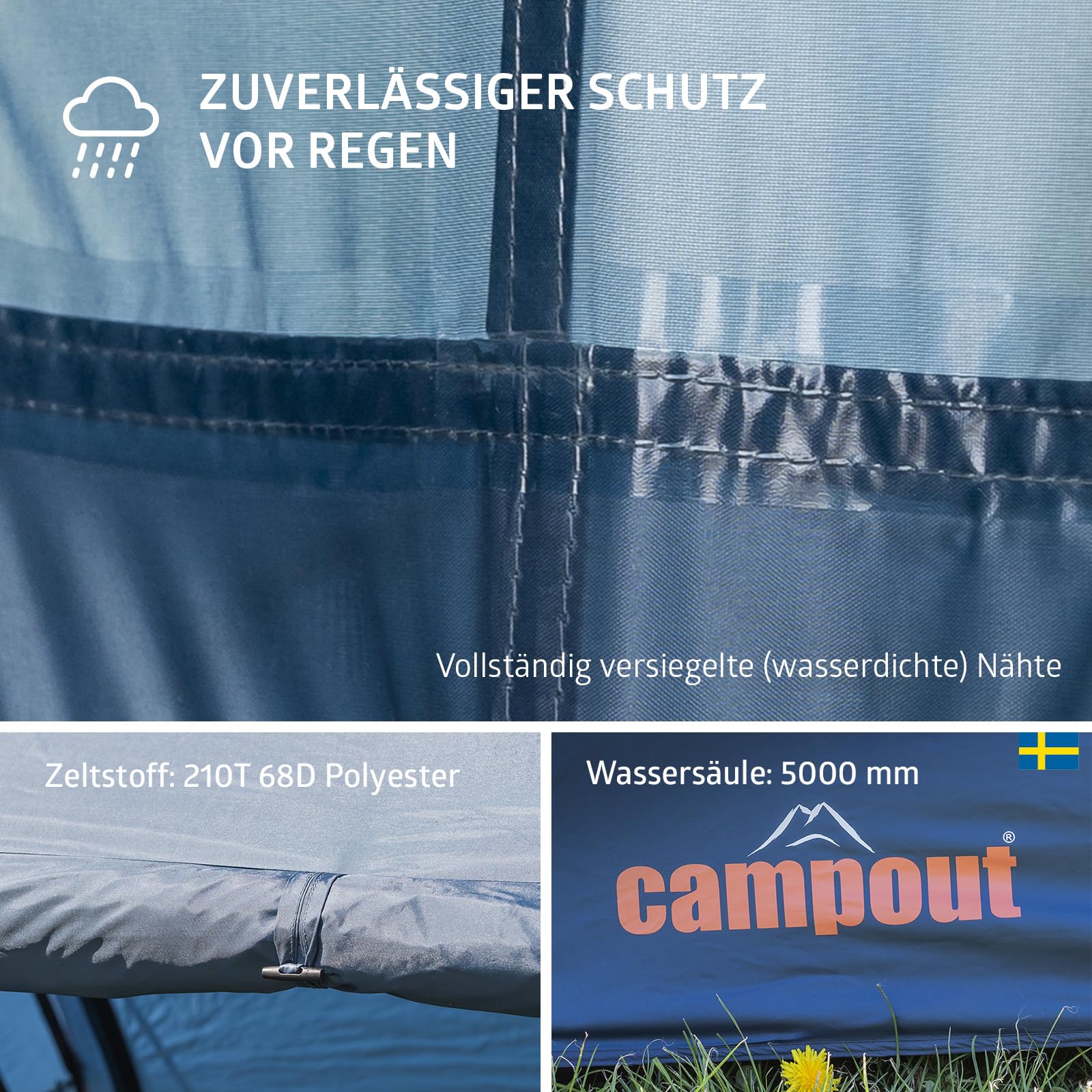 Campout 4-Personen Vis-à-Vis Kuppelzelt – 2 Schlafkabinen – 5000 mm Wassersäule – Wohnbereich – Aufbauzeit 15 Min – inkl. Vordachstangen, Heringen & Tragetasche