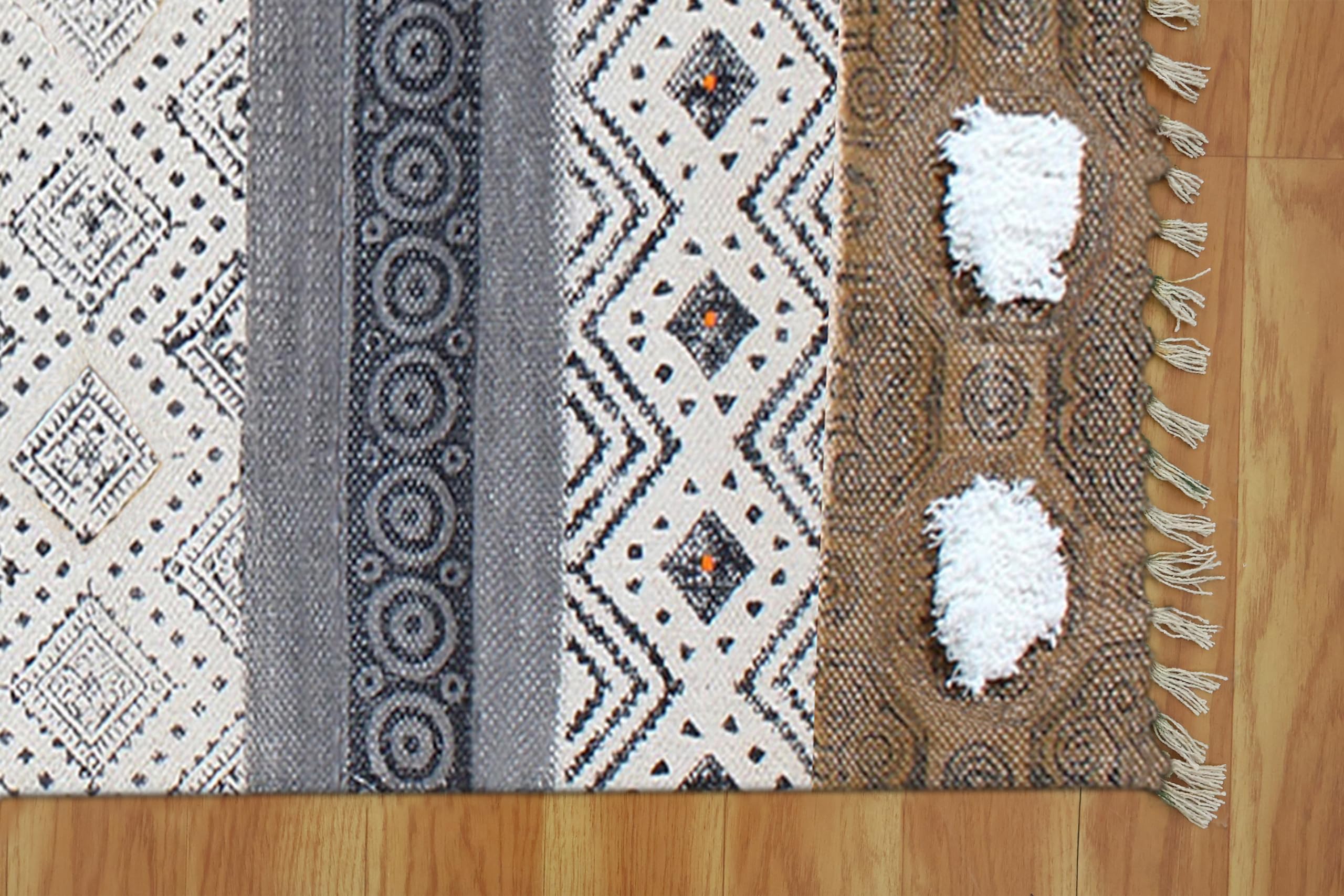Baumwoll-Läufer, 6,6 x 61 cm, Kelim-Läufer, Handwäsche, Braun / Schwarz, geometrisches Design, handbedruckt, Baumwolle, Dhurrie-Boho-Teppich, 0,5 cm dick, für drinnen und draußen, Flachgewebe, für