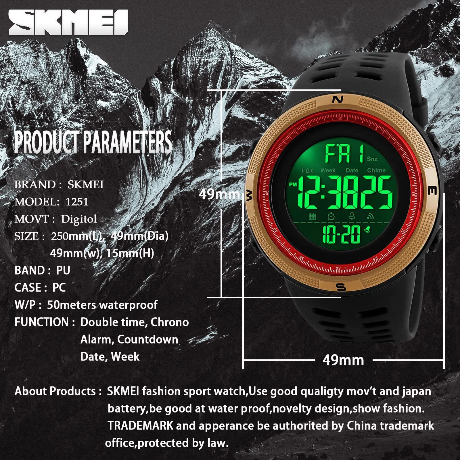 Skmei Orologio sportivo digitale da uomo, impermeabile fino a