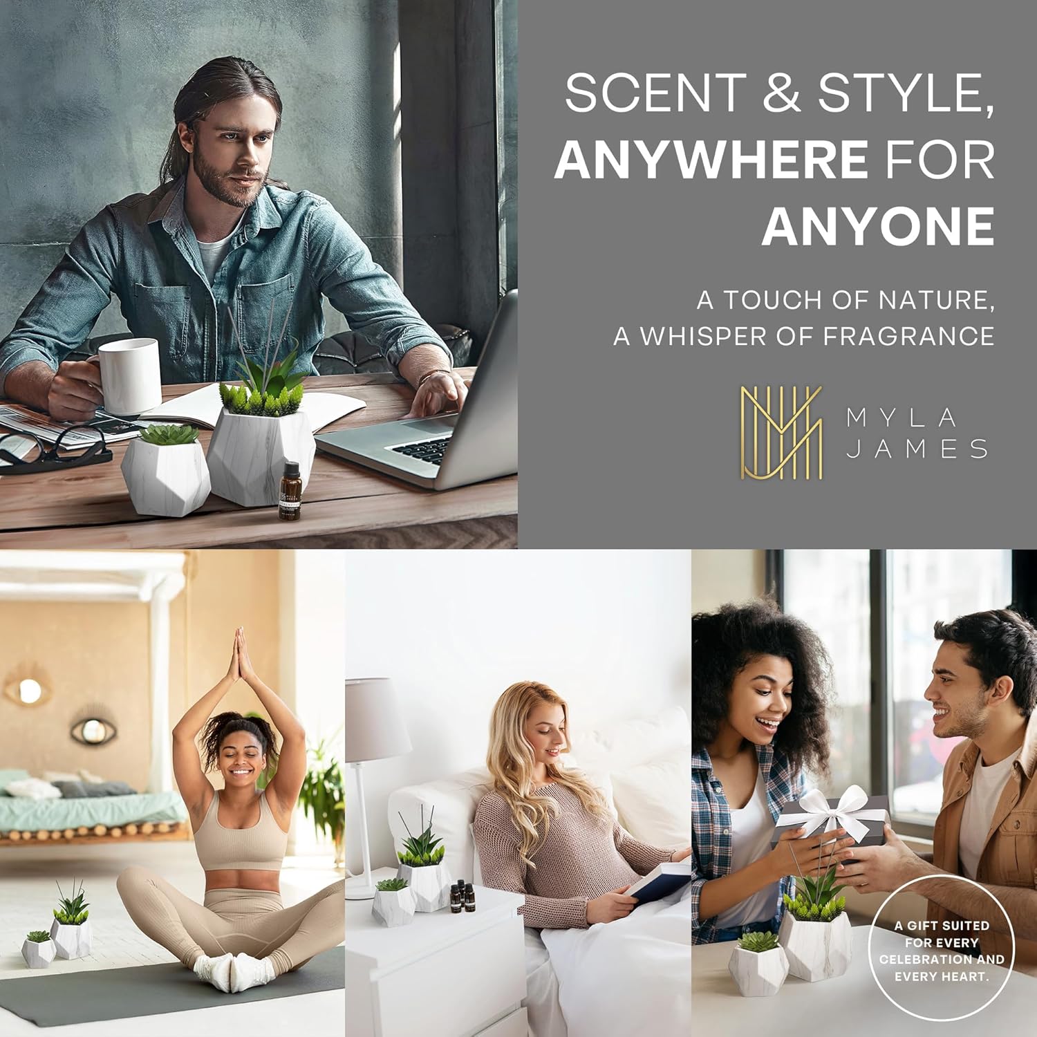 2in1 Reed Diffusers for Home & Faux Succulents Plants Artificial Set-Ceramic Potted Succulents x2 Pcs, Home Fragrance w/Lavender, Lemongrass, Eucalyptus Essential Oilx3 bottles 30ml with 9 Reed Sticks - Image 6