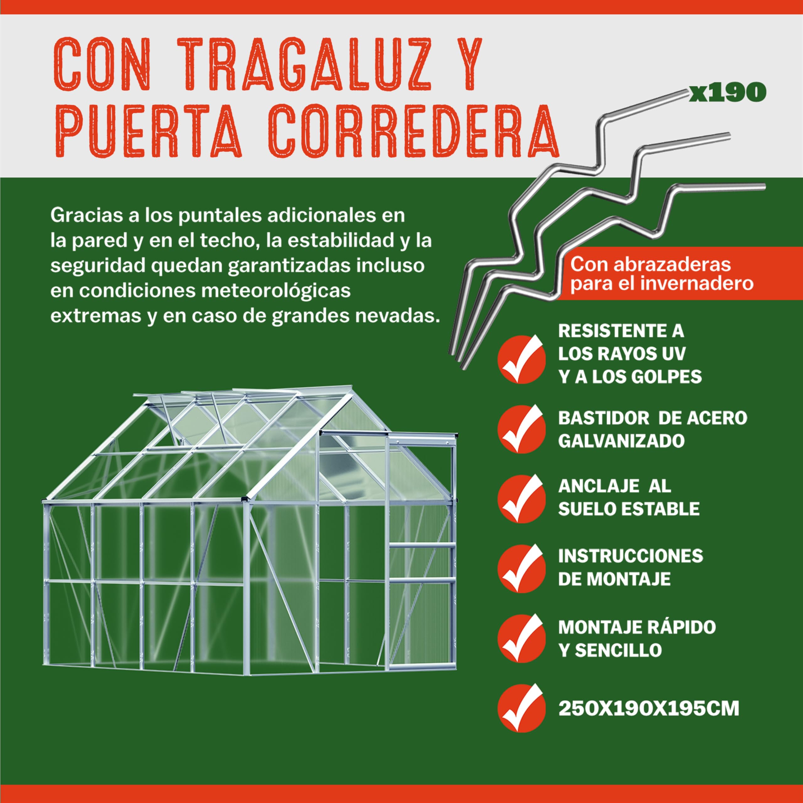 Gardebruk Invernadero de Jardín 4,75m² Vivero Caseta Plantas 250x190x195cm Cultivos Ventanas Policarbonato