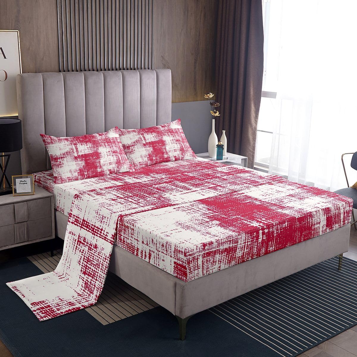 jejeloiu Red Abstract Art Bed Sheets Set Twin Size Luxury Bed Set for Kids Boys Girls Modern Art Deep Pocket Fitted Sheet Breathable Soft Lightweight Microfiber