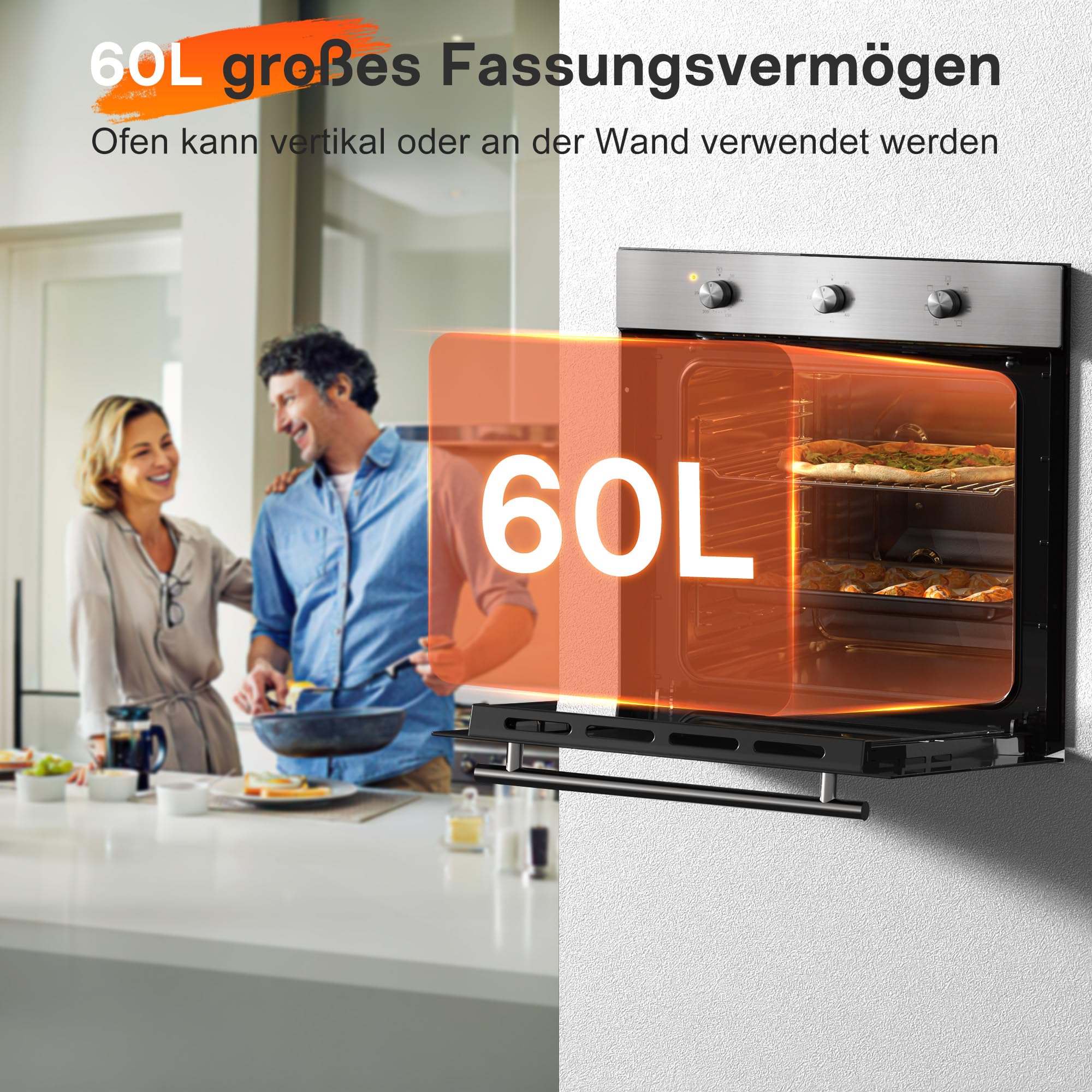 Karinear Einbaubackofen 60 cm 60L mit Stecker, 6 Programme, 2200W, Silber | 60L Einbaubackofen mit 6 Programme, Backofen 230v für Steckdose, 2200W Schnellheizung,50–250°C und einfache Knopfsteuerung