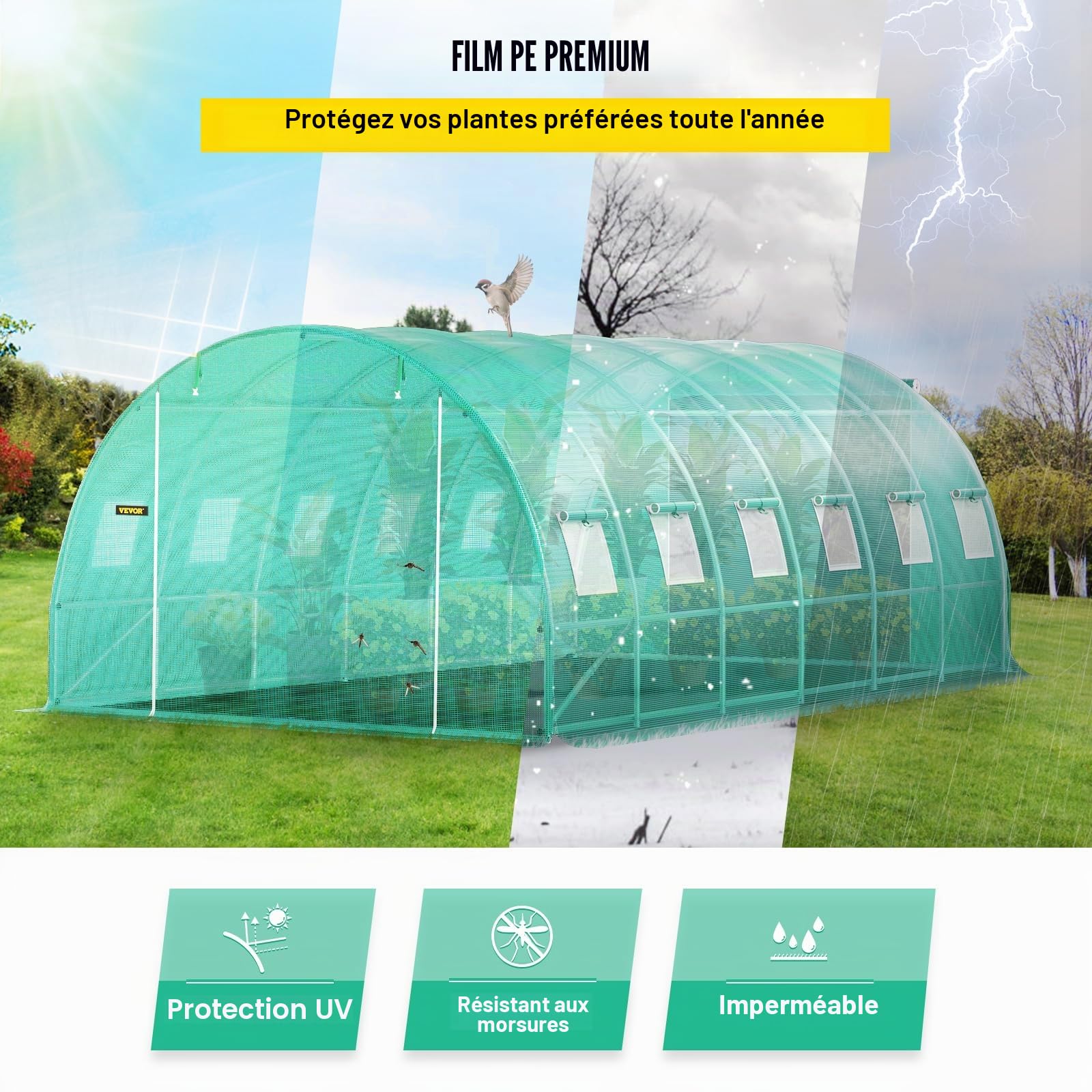 VEVOR Serre Tunnel Jardin 6,1x3x2,1 m Tente Abri Plantes Cadre en Acier Galvanisé Couverture Étanche PE 3 Poutres Supérieures 4 Poteaux Diagonaux 2 Portes 12 Fenêtres pour Cultiver Légumes Fleurs Vert