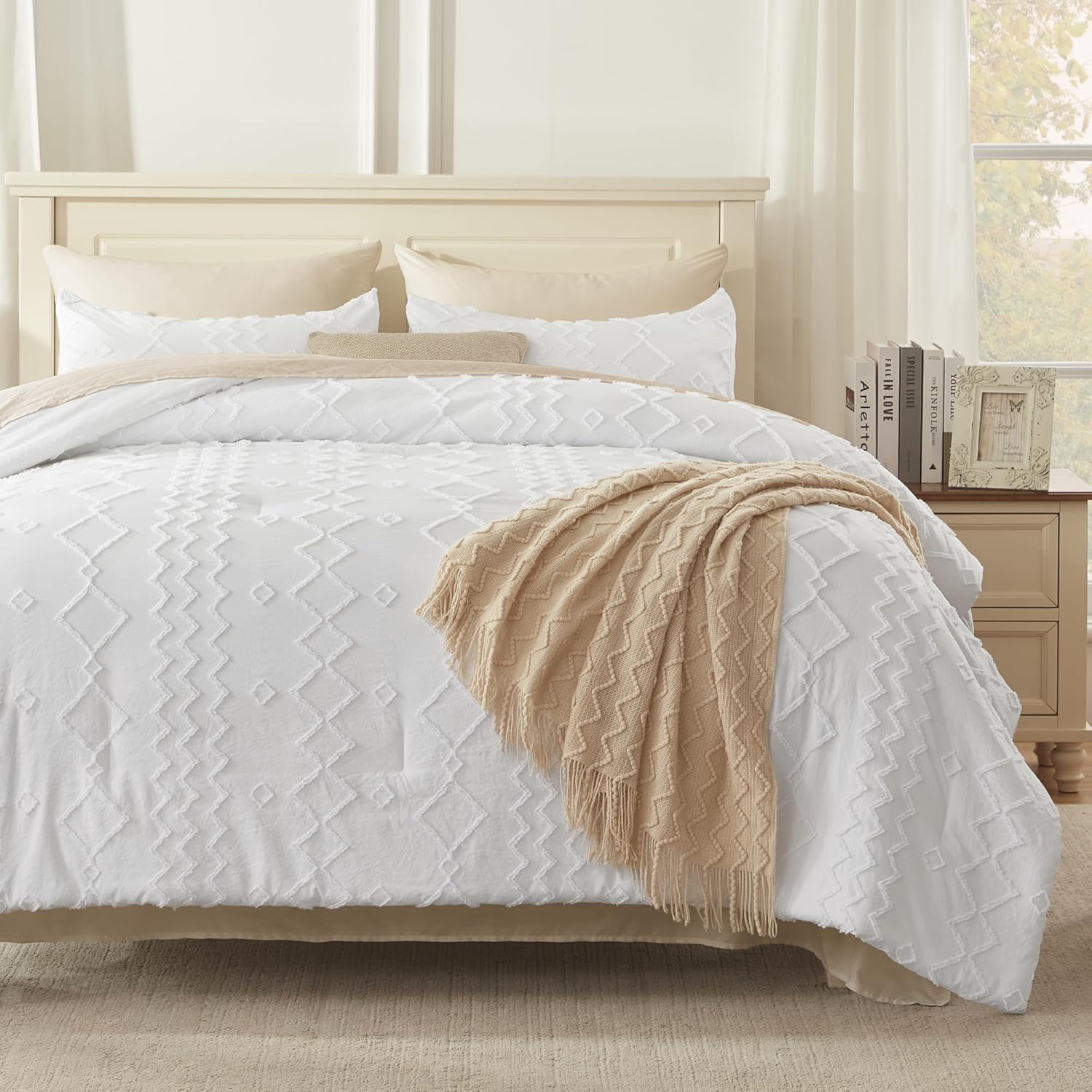 Andency White Full Size Comforter Set, 3 Pieces Boho Textured Fall Farmhouse Bed, Microfiber Geometric Comforter Bedding Set (79x90In Comforter & 2 Pillowcases) - Image 2