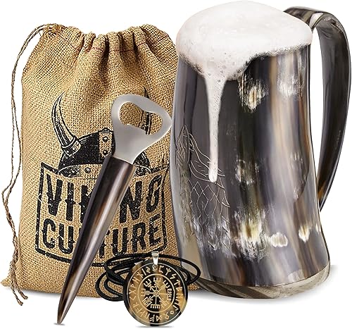 Taza de cuerno de buey, colgante nórdico y abrebotellas (juego de 3 piezas) Auténtica jarra de cerveza de 32 onzas, aguamiel y cerveza, jarra