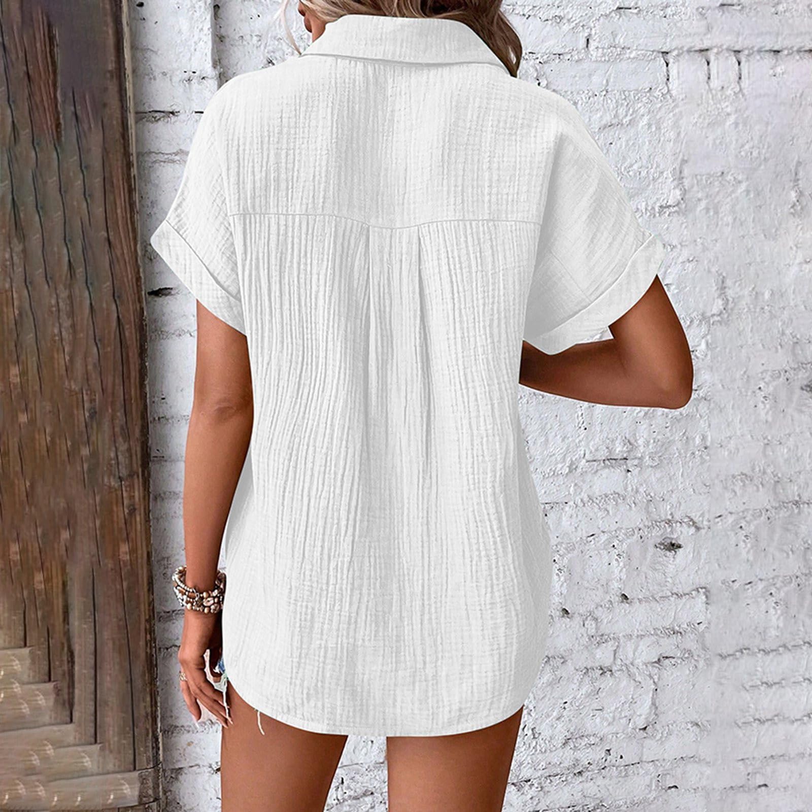 Camisas de gasa de manga corta para mujer, a la moda, con botones, cuello Vcation, blusas de verano, manga dolman, ajuste holgado, trajes de lino y algodón, de gran tamaño, para playa, color liso