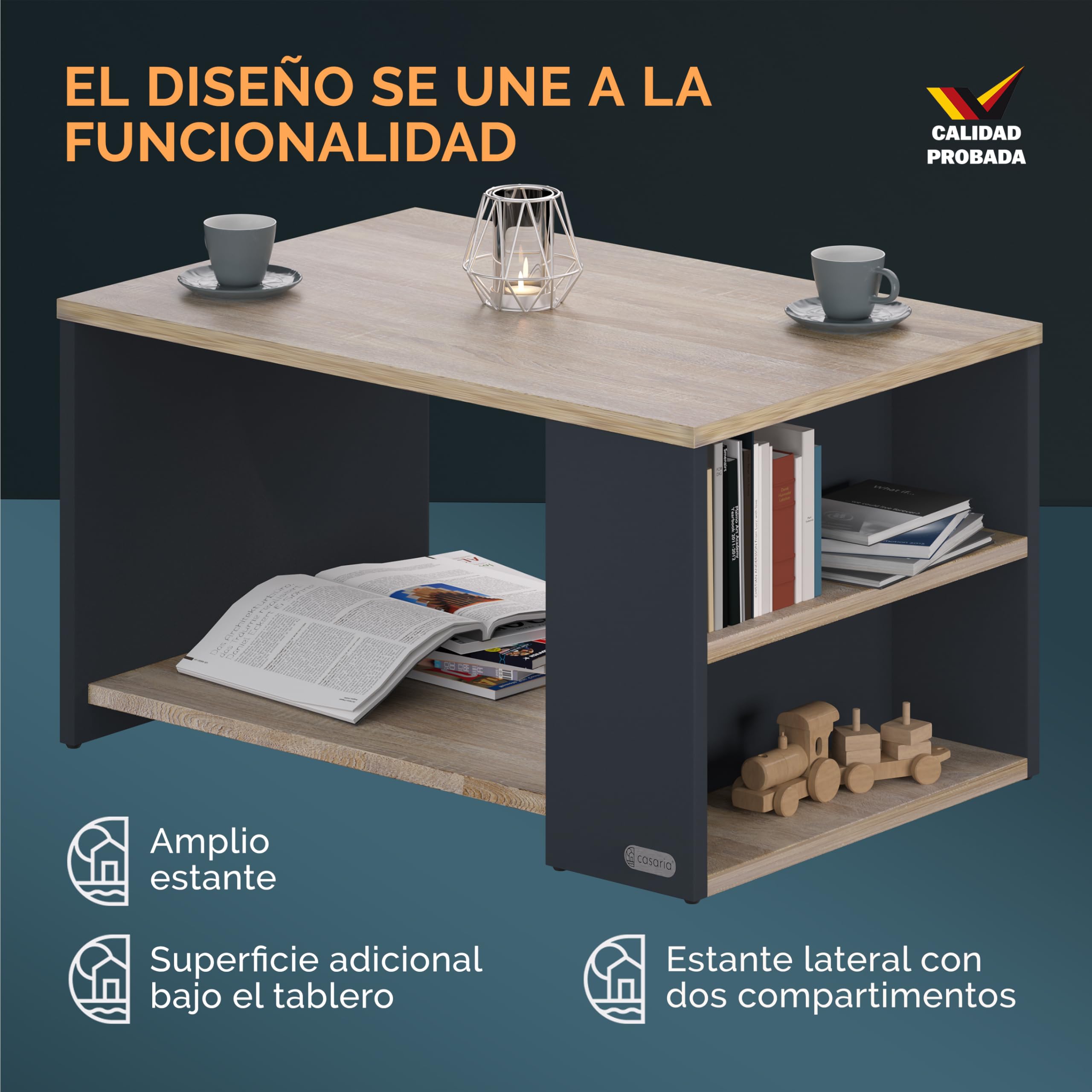 CASARIA® Mesa de Centro 90x60x50cm Estante y 2 Compartimentos Carga hasta 50kg Mesita de Salón Auxiliar