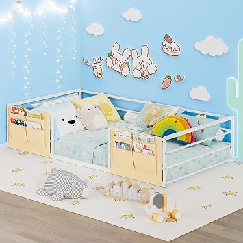 Timy Twin Floor Bed for Kids with Safety Guardrails Montessori Bed Frame with Bedside Caddy Suitable for Bedroom & Playroom Without Slats, White, Metal