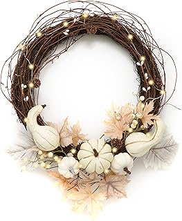 DecorbyHannah Thanksgiving Wreath for Front Door, 22 inch Grapevine Natural Fall Wreath with White Pumpkins Maple Leaves for Farmhouse Harvest Home Wall Window Indoor Outdoor Decor