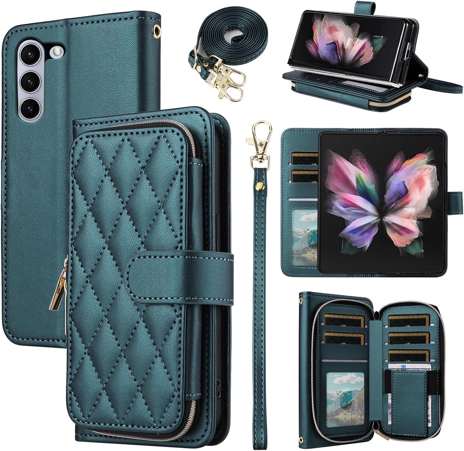 Argyle Wallet Case for Samsung Galaxy Z Flip 6 5G 2024 with Wrist Strap Shoulder Strap, 9+ Card Slots Zipper Purse, Luxury PU Leather Stand Cell Phone Cover for ZFlip6 Z6 G Flip6 6Z Green