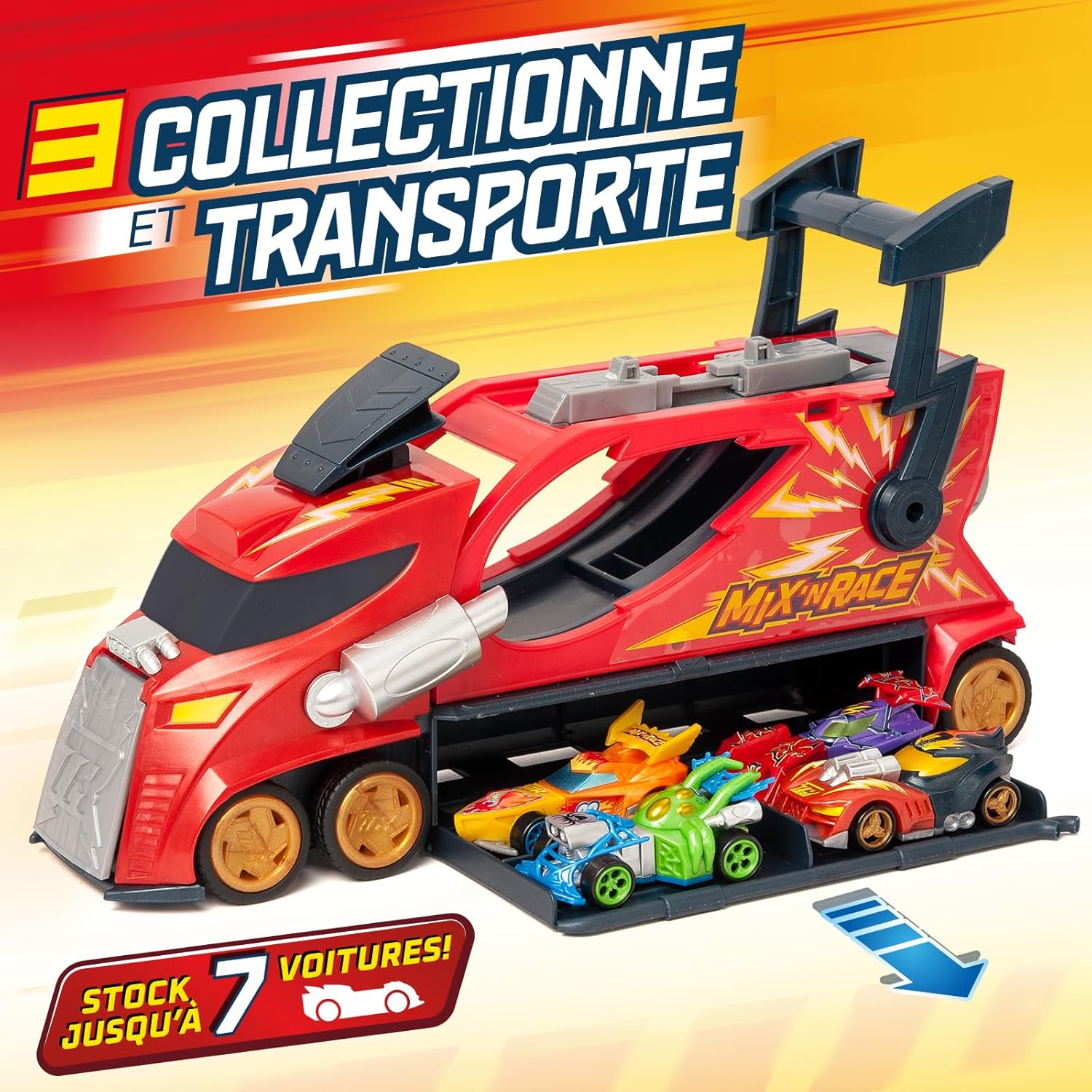 T-Racers Mix 'N Race Thunder Truck – 3 Actions in 1 Launcher Truck Includes 1 Mix 'N Race Exclusive Vehicle, Vehicle Riding Area, Shooter for Throwing and Space for 7 Cars
