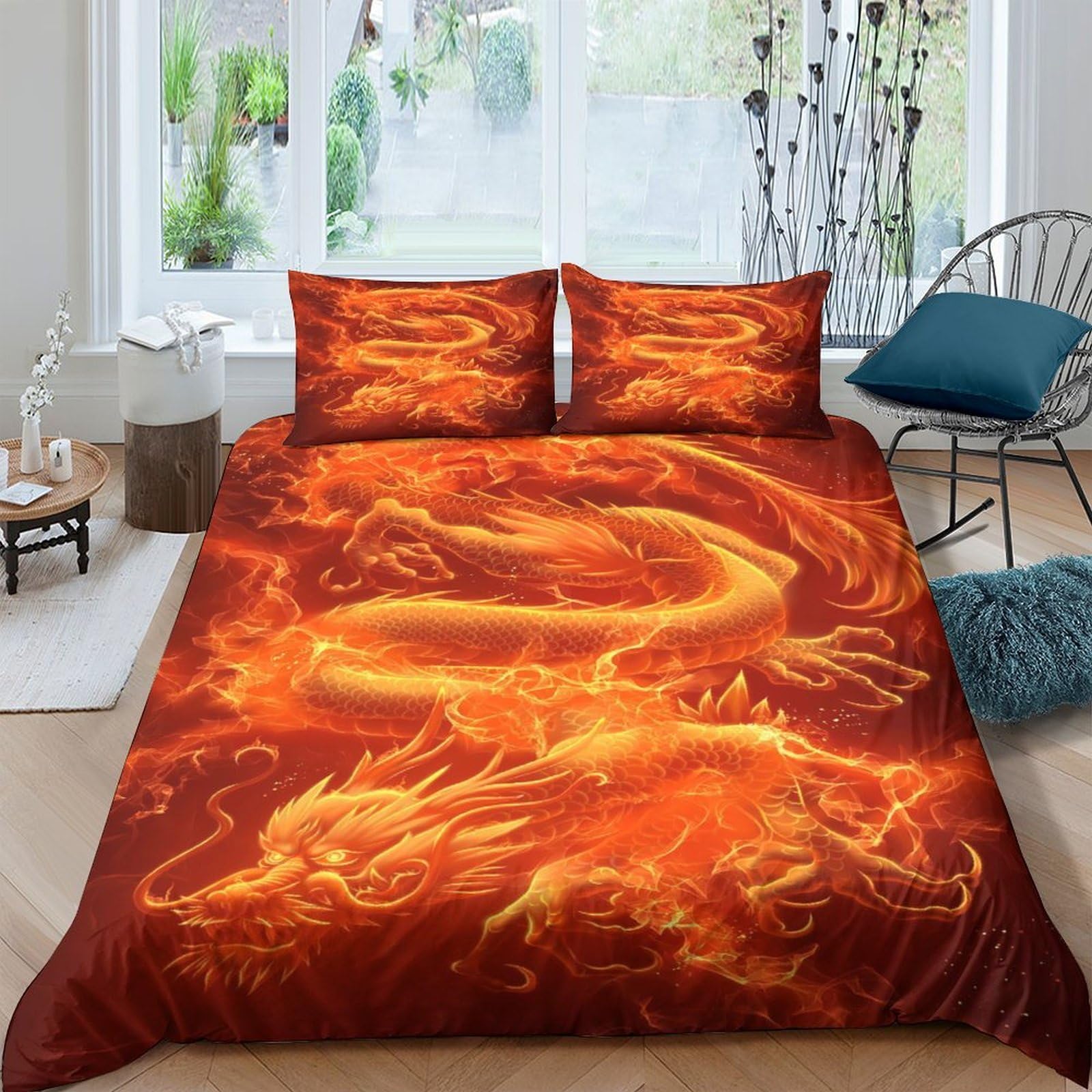 Ctjqhvkz Style-2 3D Printed Fire Dragon Fitted Sheet Microfiber Orange Flame Bed Cover Non-Slip Machine Washable For Bedroom Decor Single（135X200cm）