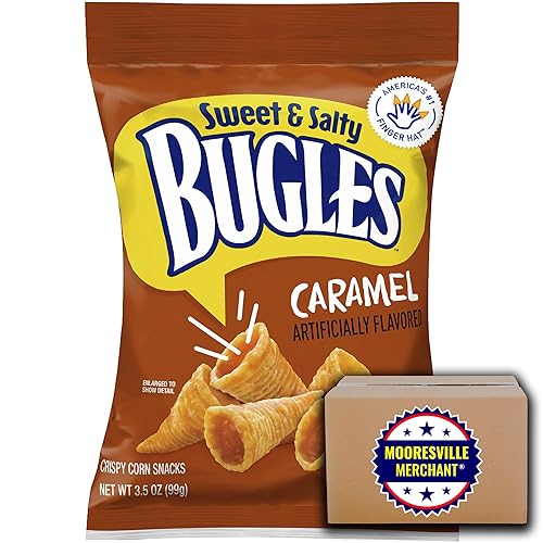 Bugles Caramel, 3.5 oz, 3 bolsas con calcomanía Mooresville Merchant