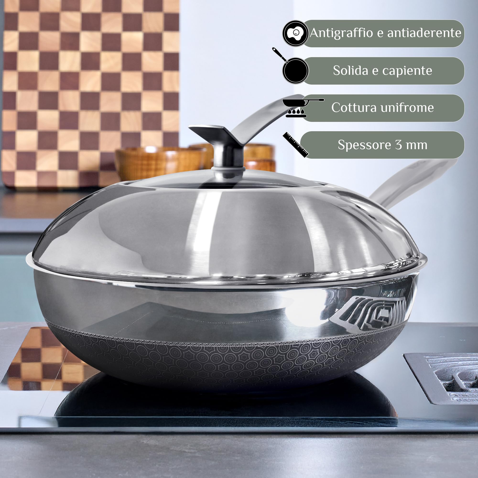 NIRO Wok Antiaderente Triplo Strato (Acciaio Inox + Alluminio) Ø26cm, COPERCHIO INCLUSO, Antigraffio, NO PFOA, Per Piano Cottura Induzione, Ceramica, Elettrico, Gas, Forno, Manico Anti Scottatura