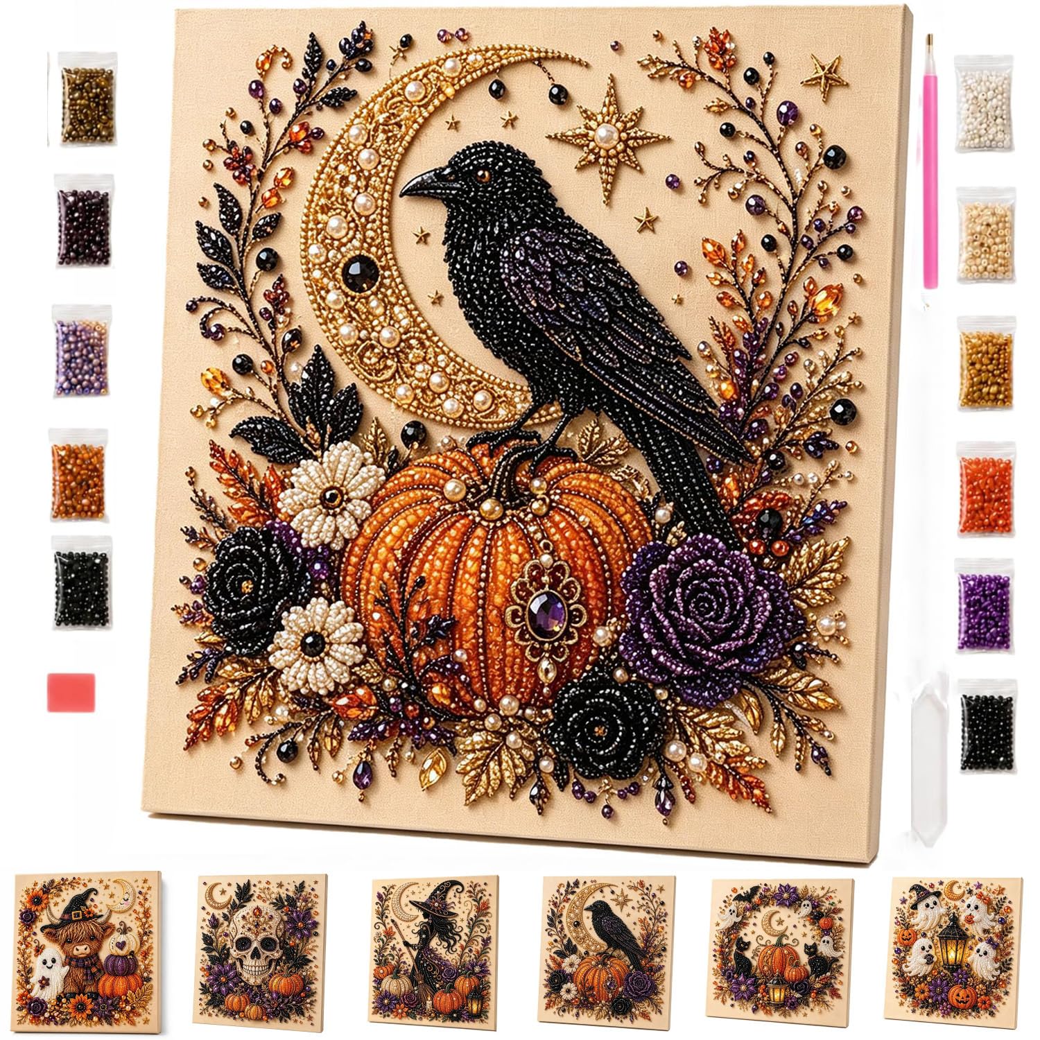 ByteCraft Halloween Ghost Pearl Diamond Art DIY Kit, Spooky Cute 3D Pearl Diamond Painting Crafts Kits for Adults, Beginner DIY Fall Home Decor Wall Art, Beginner DIY Seasonal Party Gift (Crow)