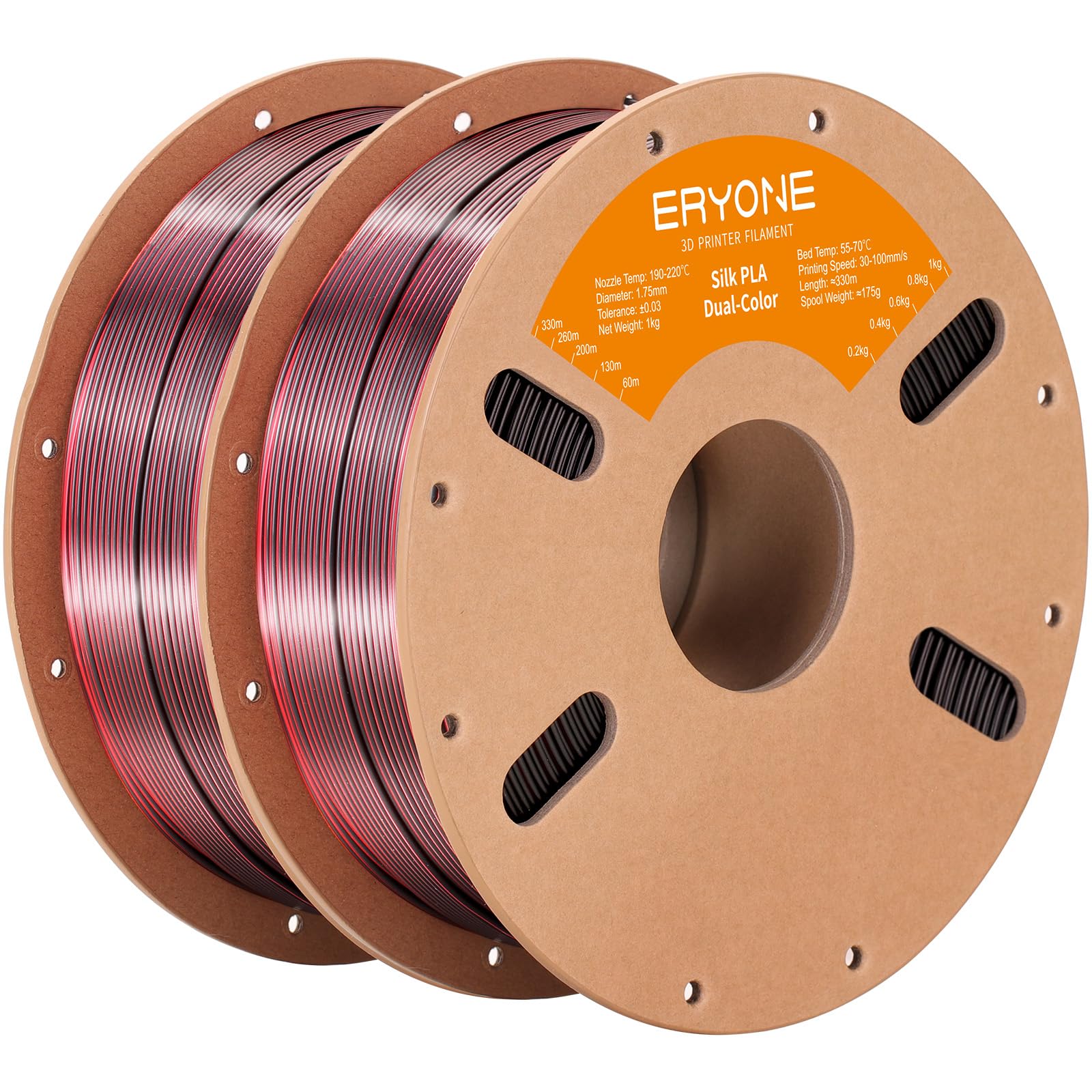 ERYONE Silk Dual Color PLA Filament 3D Printer 1.75mm +/- 0.03mm, Bicolor Filament Two Tone PLA Bundle 2KG Cardboard Spool, Black Red