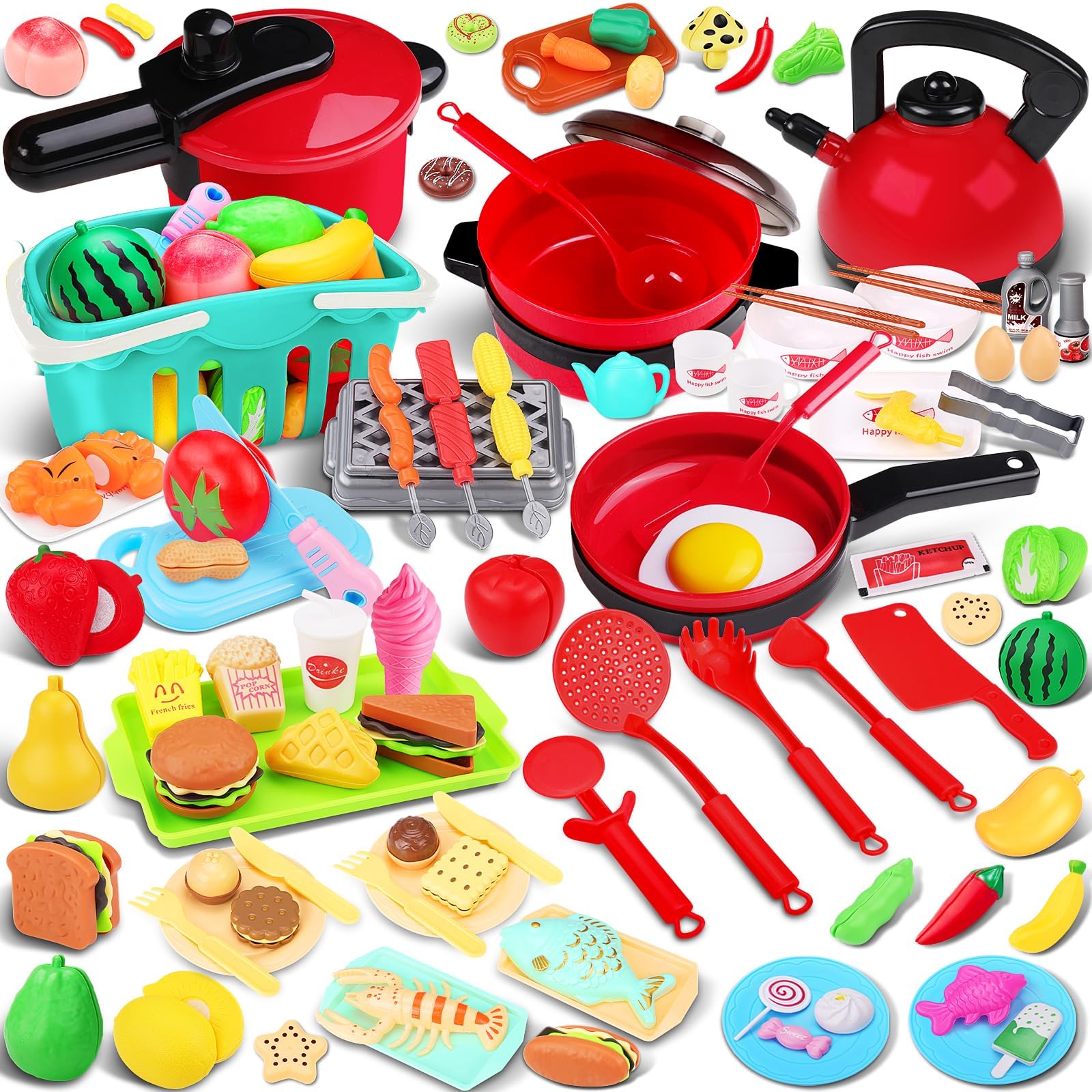 FunMission 134 Pcs Toy Kitchen Accessories, Toddler Pretend Cooking Toys with BBQ Grill, Pressure Cooker, Kettle, Pots, Pans, Kitchen Playset for Cutting Play Food, Learning Gift for Girls Boys