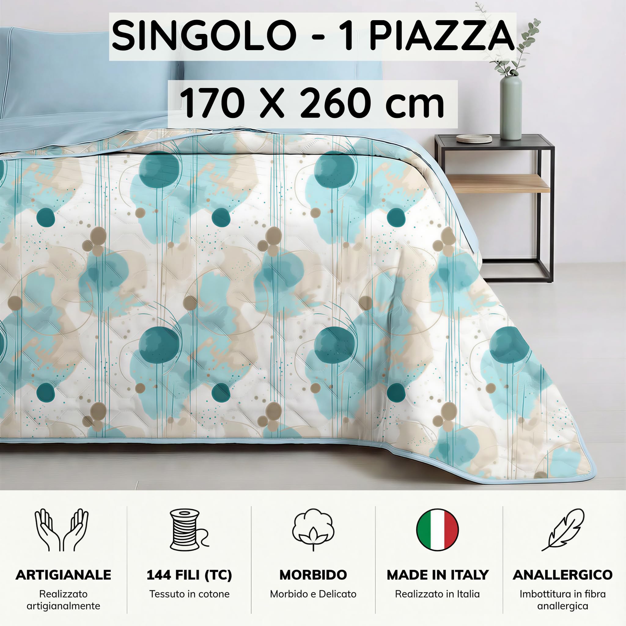 Mahome Trapuntino Singolo Primaverile Estivo in 100% Puro Cotone 170x260 cm Leggero Double Face - Copriletto Trapuntato morbido Traspirante Anallergico - Made in Italy – Inciso Verde - 3