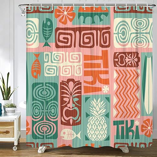 Colorida cortina de ducha exótica hawaiana Tiki hawaiana retro étnico pez, piña, decoración de baño, juego de cortina de ducha de tela de poliéster