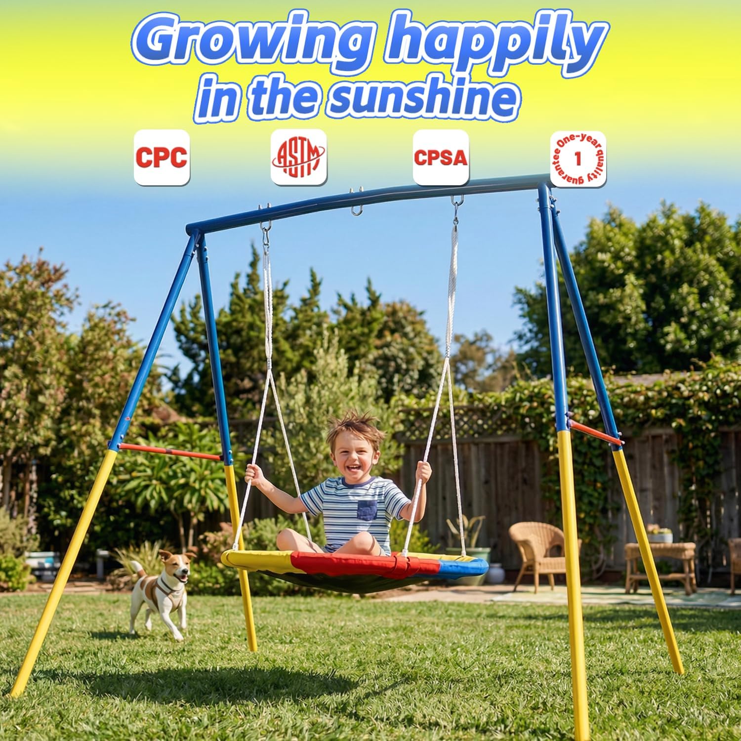 Mersco Saucer Swing with Stand for Kids Outdoor, 440 lbs Heavy Duty A-Frame Outdoor Playset with Big Saucer Swing & Adjustable Ropes, Safe Waterproof Round Playset for Backyard Playground Park, Blue