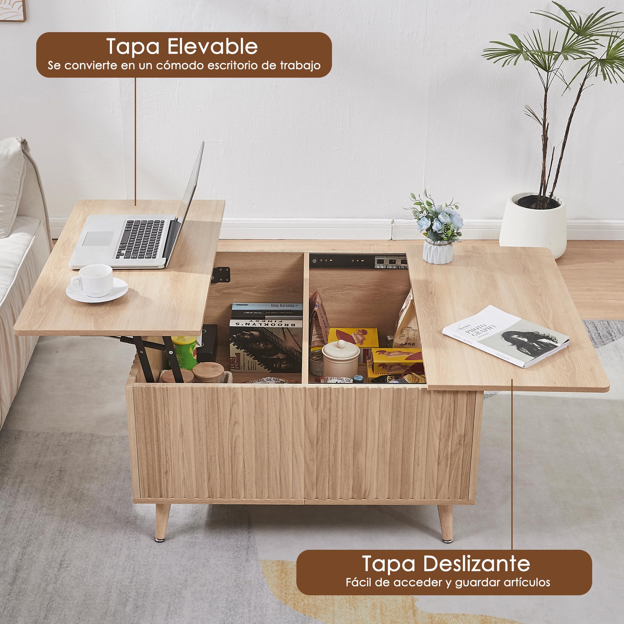 Mesa de centro cuadrada con estante extensible, mesa de centro de altura ajustable con espacio de almacenamiento y superficie acanalada para sala de estar, oficina en casa, estudio o escritorio.
