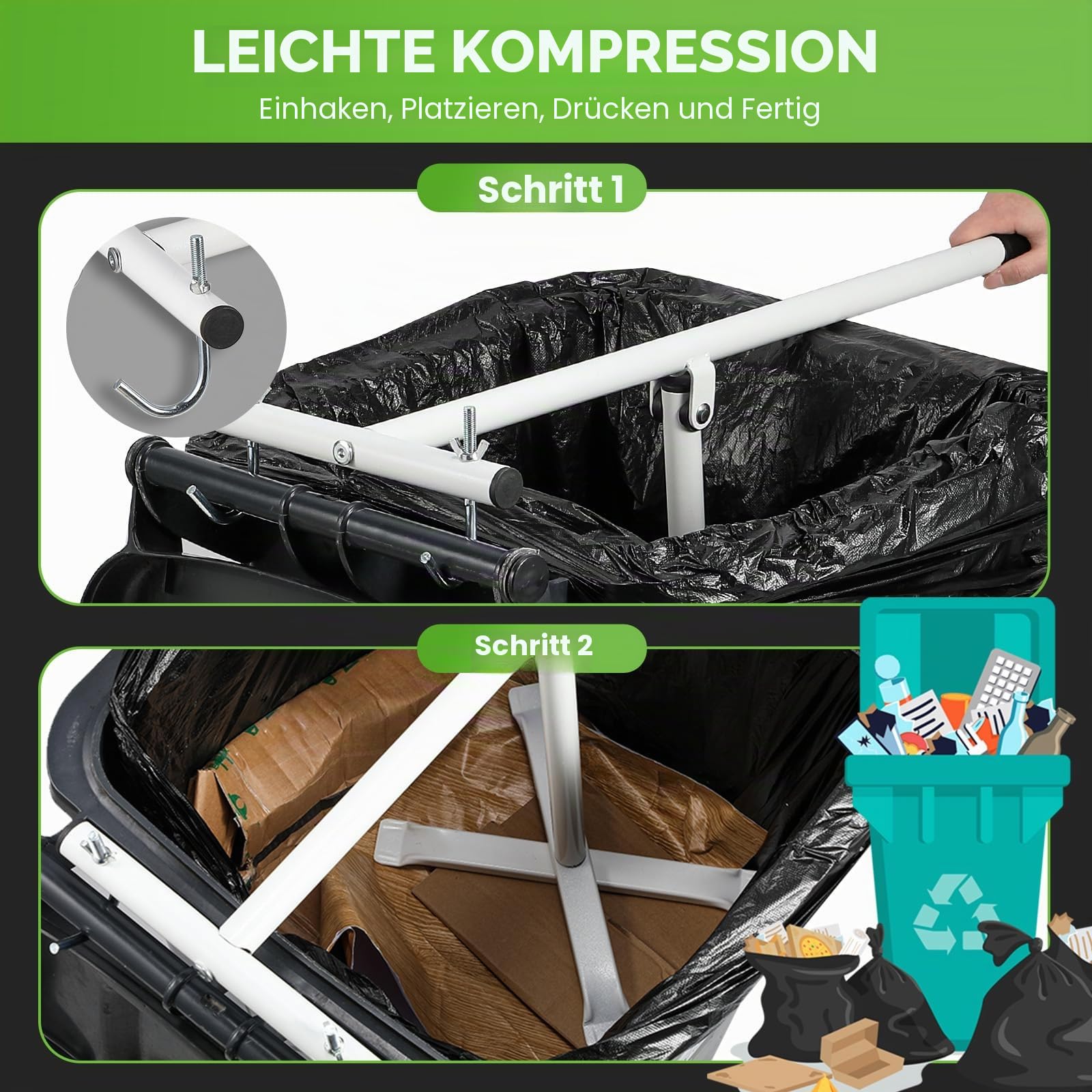 NEWTRY Müllpresse Müllverdichter für 120L-240L Rollcontainer, Abfallzerkleinerer Recycling-Handwerkzeug mit platzsparendem Design für Zuhause, Küche und Garten - Weiß