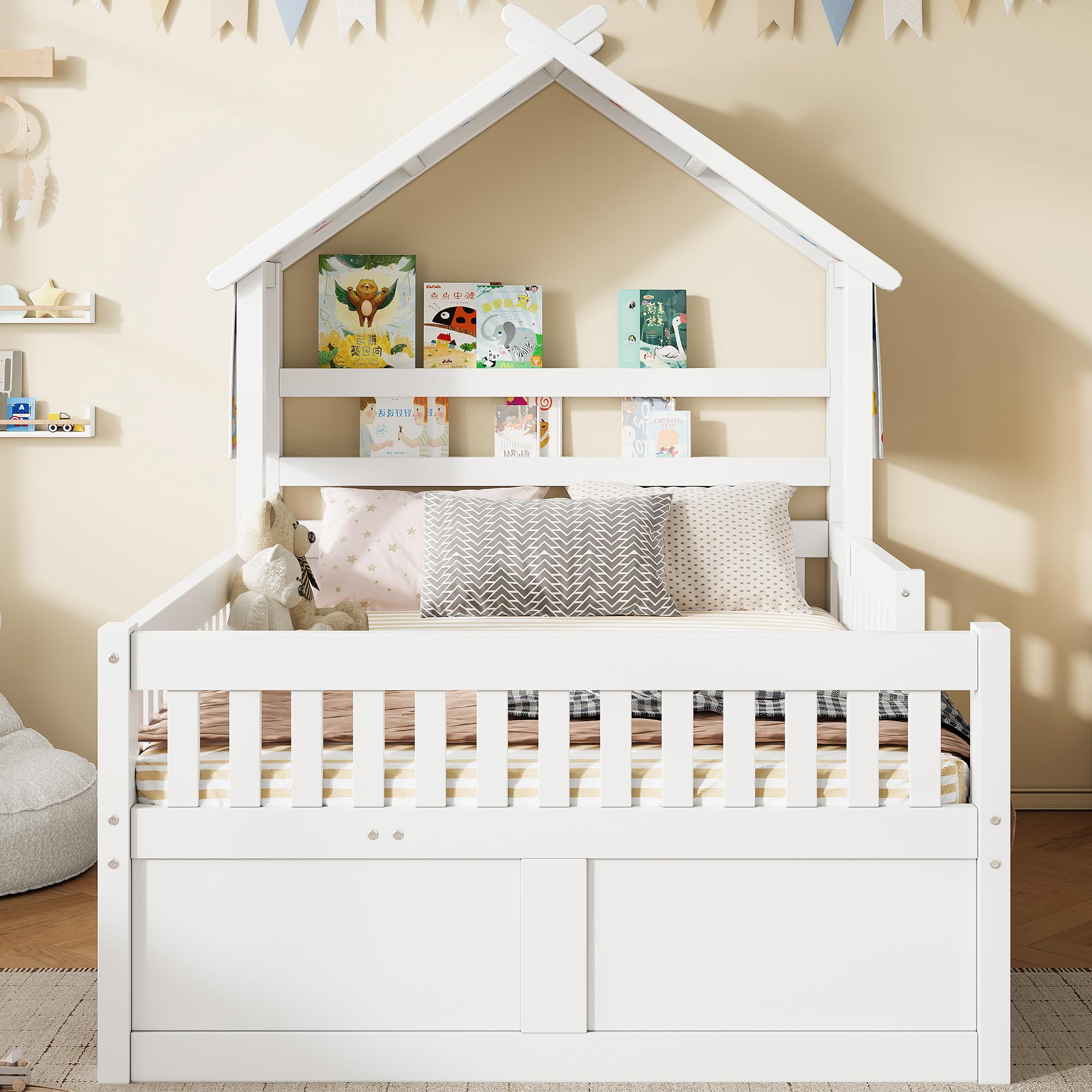 Soweiz Letto per bambini con protezione anticaduta, letto estraibile e scatole portaoggetti, in legno, 140 x 200 cm, letto per la casa dei bambini, letto stabile con design a tetto (bianco)