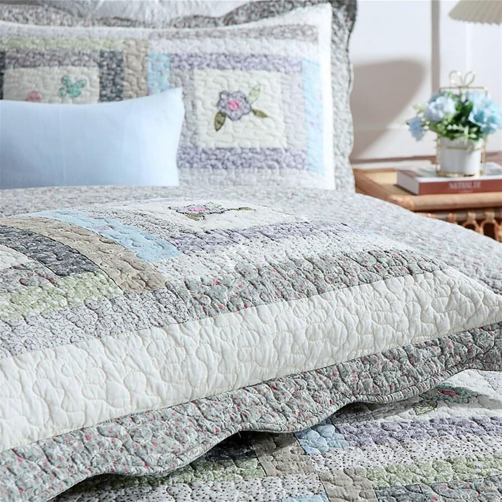 CUNTO Juego de Cama de 3 Piezas con diseño Floral de Patchwork en Color Beige y marrón Cuadrado de GaRcan (tamaño: 240 x 270 cm) (un Color: 270 x 300 cm)