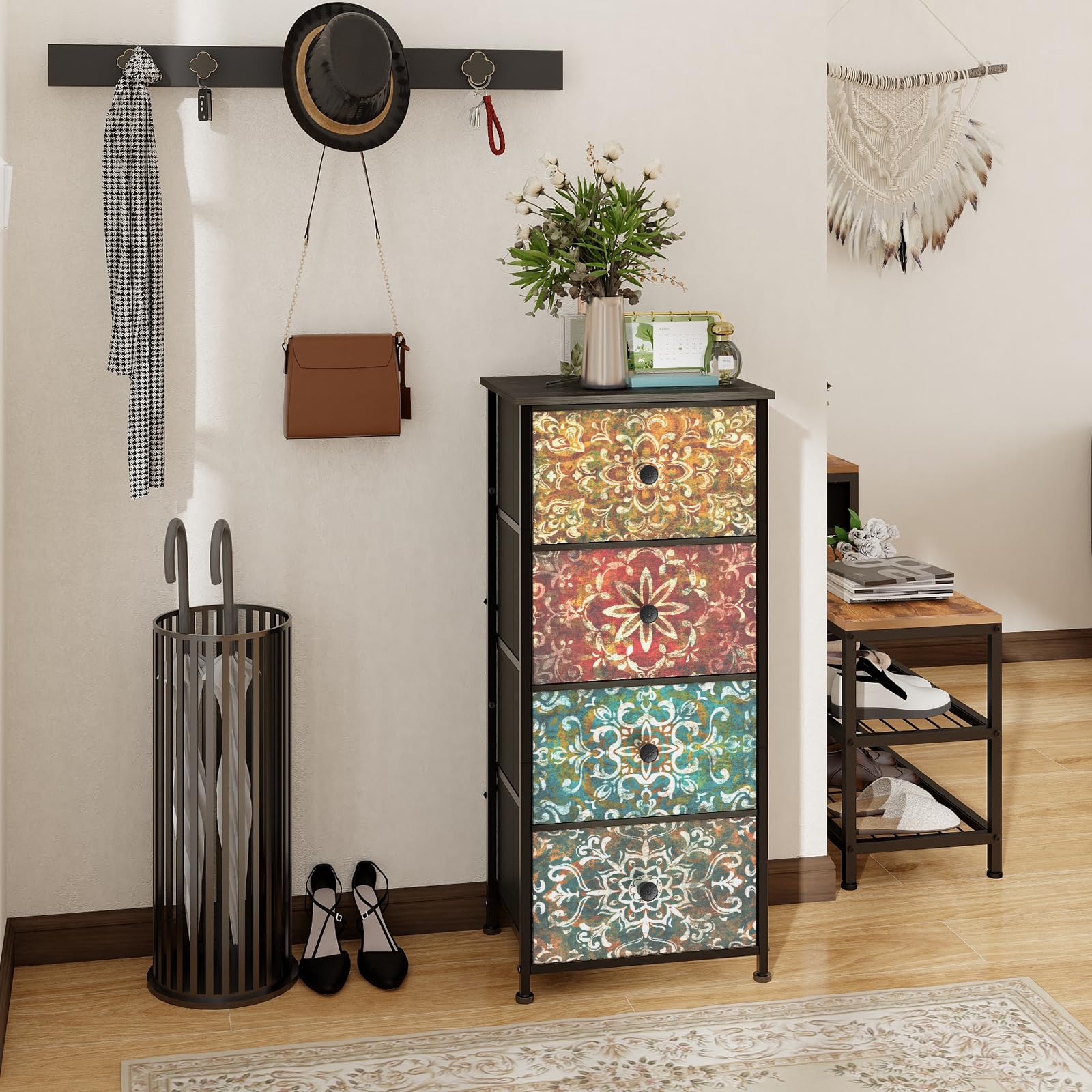 Cómoda con 4 cajones de tela estrecha Armario de tocador bohemio, armario de almacenamiento para dormitorio, armario industrial para salón, habitación infantil, pasillo