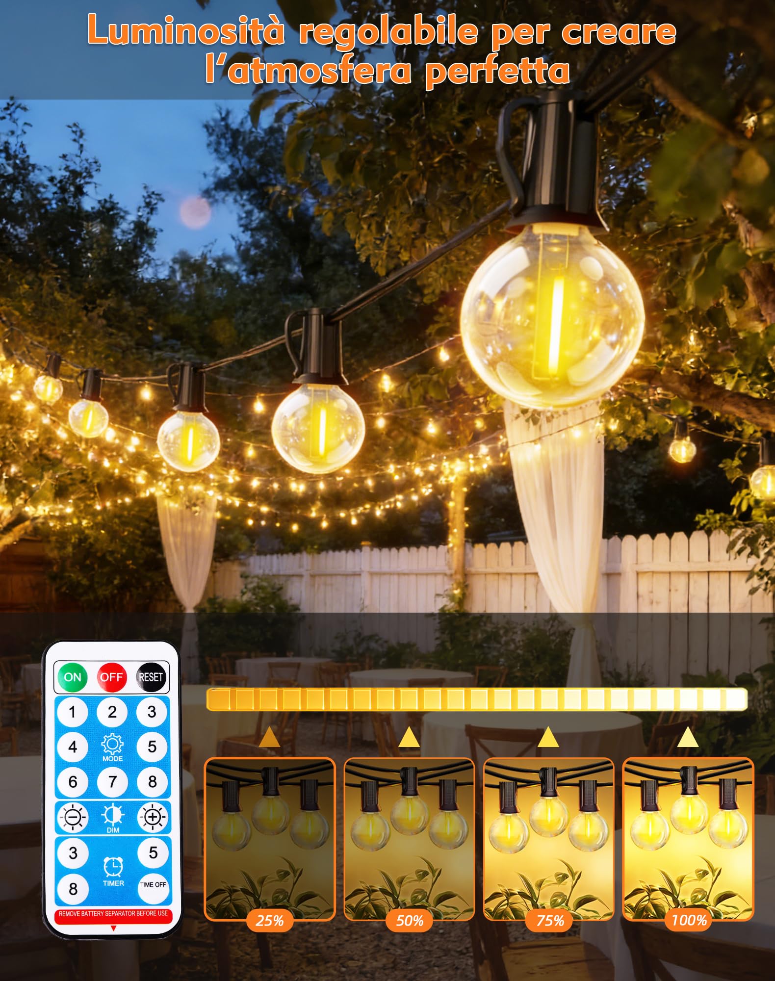 Catena Luminosa Esterno Solare, 18M Luci Solari Esterno Giardino con 30+4 G40 LED Plastica Lampadine, Bianco Caldo Impermeabile Catena Luci Solari con Telecomando per Festival, Feste, Giardini