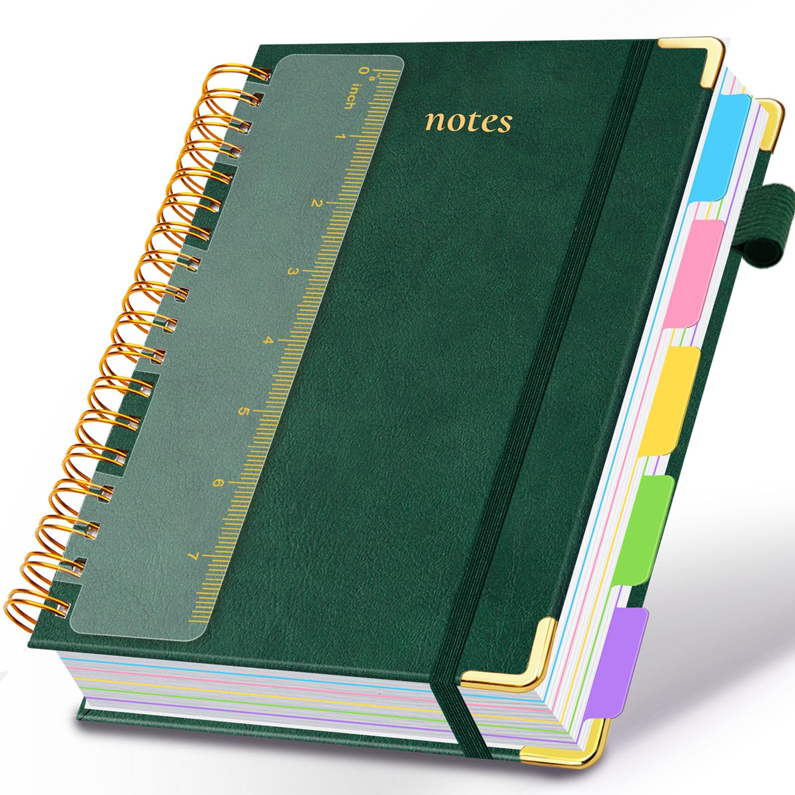 Taccuino a spirale con copertina rigida, 15,7 x 20,8 cm, con linguette e divisori rimovibili, 300 pagine, 5 soggetti, a righe, in ecopelle, per donne, scuola, lavoro (verde)