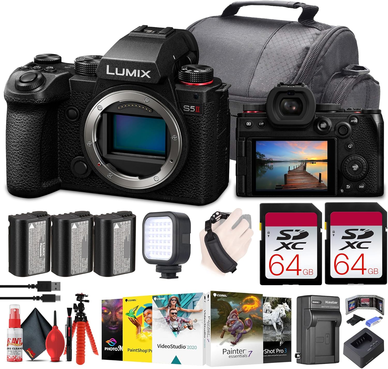 Panasonic Lumix S5 II Hybrid Full-Frame Mirrorless Camera Body, Content Creator Bundle + 2×64GB Memory Cards + Extra Batteries + LED Light + More