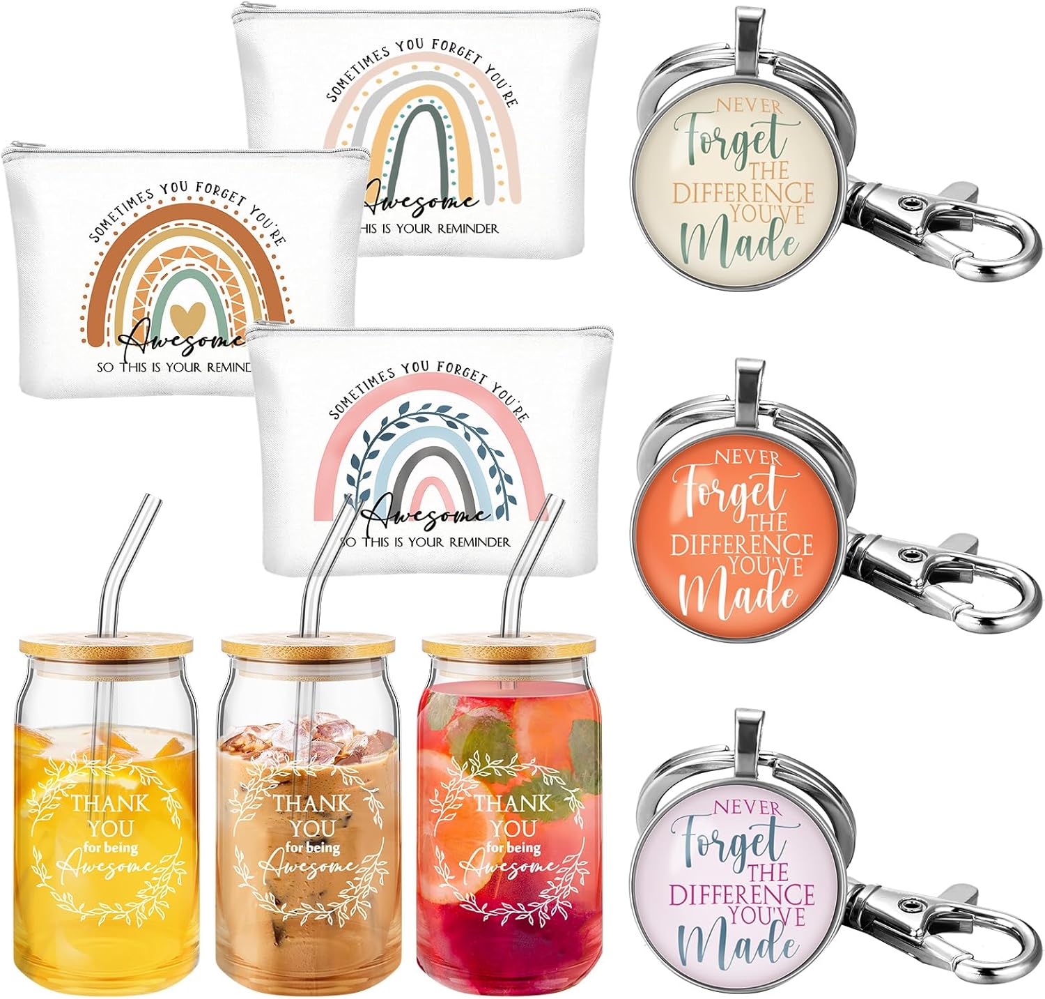Hoolerry 9 Pcs Thank You Gifts for Women 16oz Glass Cup Motivational Pouch Employee Appreciation Keychain for Graduation Boss Coworkers Nurse Volunteers Team Gifts(Rainbow)